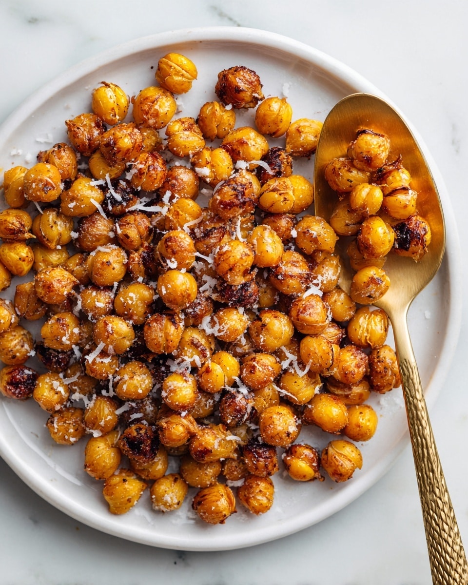 A white plate filled with a single layer of golden brown roasted chickpeas, some with darker, crispy spots and slight charring. The chickpeas are sprinkled with fine white seasoning or cheese, adding texture contrast. A shiny gold spoon with a textured handle is partly placed on the plate, scooping a small cluster of chickpeas from the right side. The background is a smooth white marbled surface which highlights the crispness and warmth of the chickpeas. photo taken with an iphone --ar 4:5 --v 7