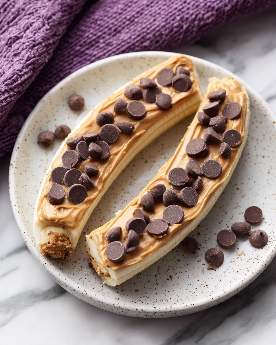 Two long banana halves lie side by side on a white speckled plate, each topped with a smooth layer of light brown peanut butter spread evenly over the cut side. Small, round dark brown chocolate chips are scattered generously on top of the peanut butter, contrasting with the light yellow of the bananas. The plate rests on a white marbled surface, and in the background, there is a purple textured fabric. photo taken with an iphone --ar 4:5 --v 7