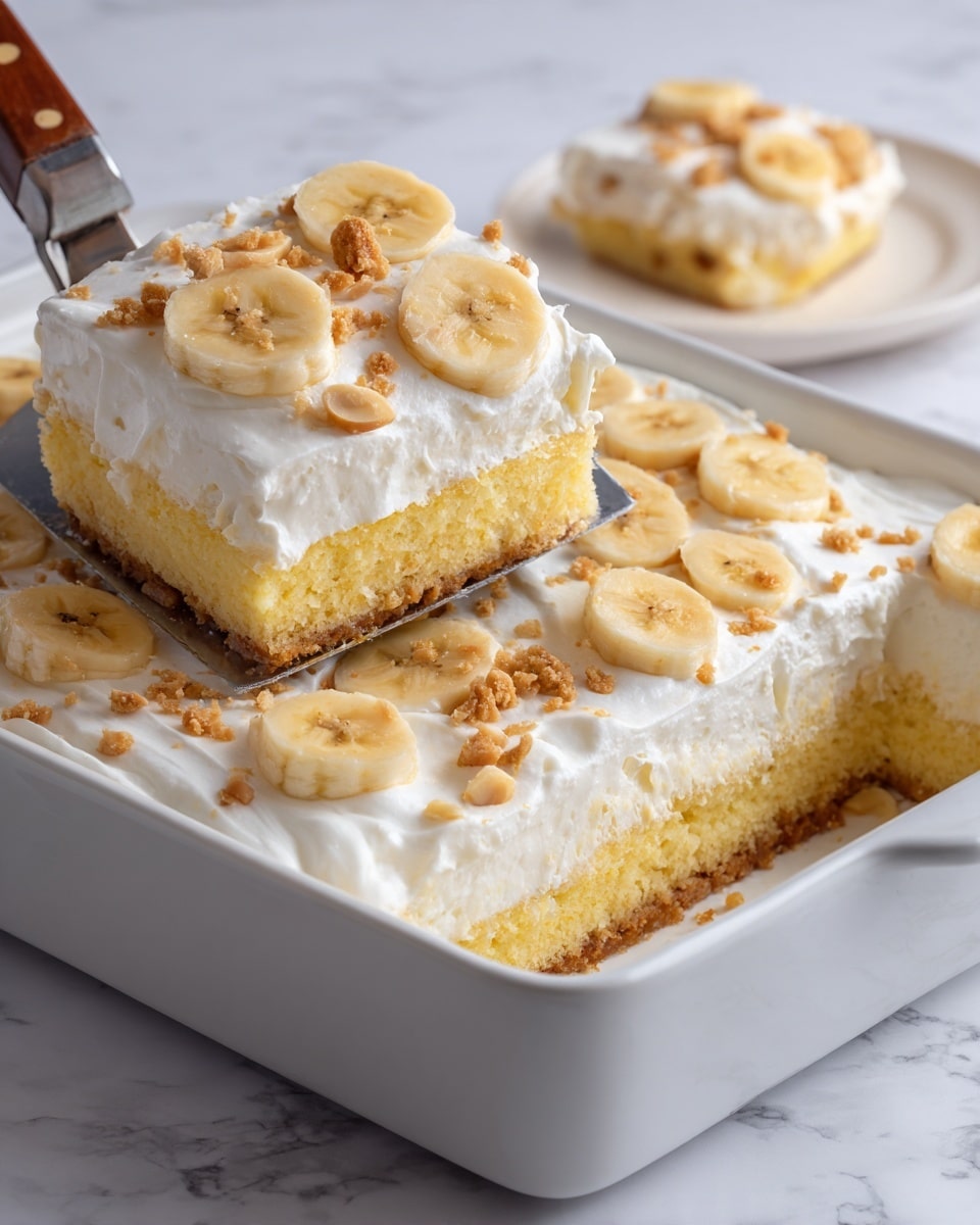The image shows a square slice of a two-layer dessert being lifted from a white rectangular dish placed on a white marbled surface. The bottom layer is a moist, yellow cake with a soft texture. On top of the cake is a thick, fluffy white cream layer decorated with light brown banana slices and crushed cookie pieces scattered evenly. The cake piece is supported by a silver spatula with a wooden handle. The dish holds the rest of the cake with one slice missing, revealing the same yellow cake and white cream layers inside. Photo taken with an iphone --ar 4:5 --v 7