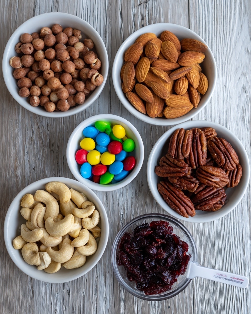 The image shows six white glass bowls arranged on a wooden surface with a white marbled texture. At the top left, there is a bowl filled with small round nuts that are light brown. At the top right, a bowl is full of whole almonds with a smooth, tan surface. Below the almonds, on the right side, is a bowl of pecans that have a dark brown color with a wrinkled texture. In the center, there is a small white bowl containing colorful candy-coated chocolates in red, yellow, green, blue, and brown. On the bottom left, a bowl contains cashew nuts, pale beige in color and curved in shape. At the bottom center, a small white measuring cup holds dried dark red cranberries with a wrinkled texture. photo taken with an iphone --ar 4:5 --v 7