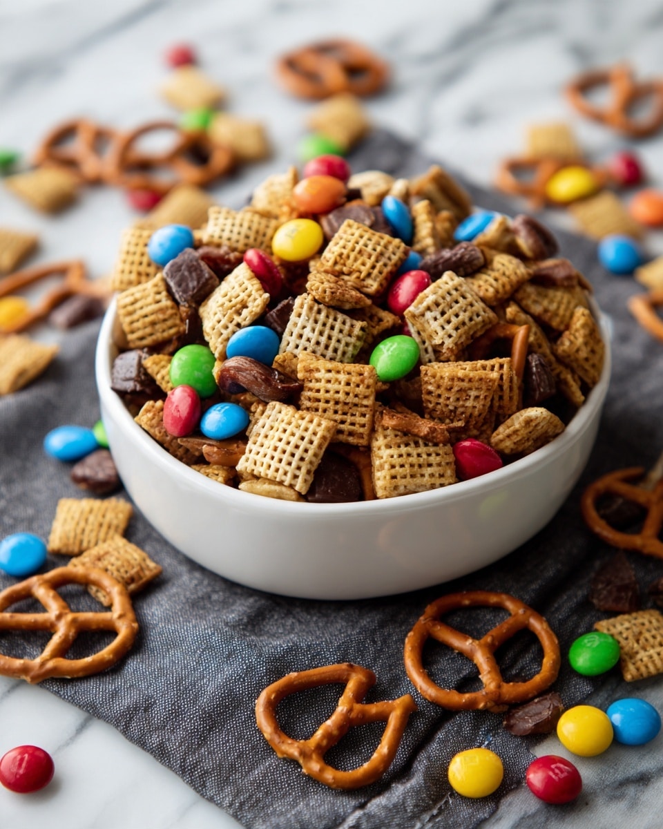 A white bowl filled with a colorful snack mix sits on a folded dark gray cloth placed on a white marbled surface. The mix has three main layers: square light brown cereal pieces with a crunchy texture, golden brown pretzel twists scattered evenly, and round bright candy-coated chocolate pieces in red, blue, yellow, green, and orange colors. Small peanuts and dark raisins are spread throughout the mix, adding variety and a touch of cream and deep purple tones. Some pieces of the snack mix are spilled around the bowl on the cloth and marbled surface, creating a casual and inviting scene. photo taken with an iphone --ar 4:5 --v 7