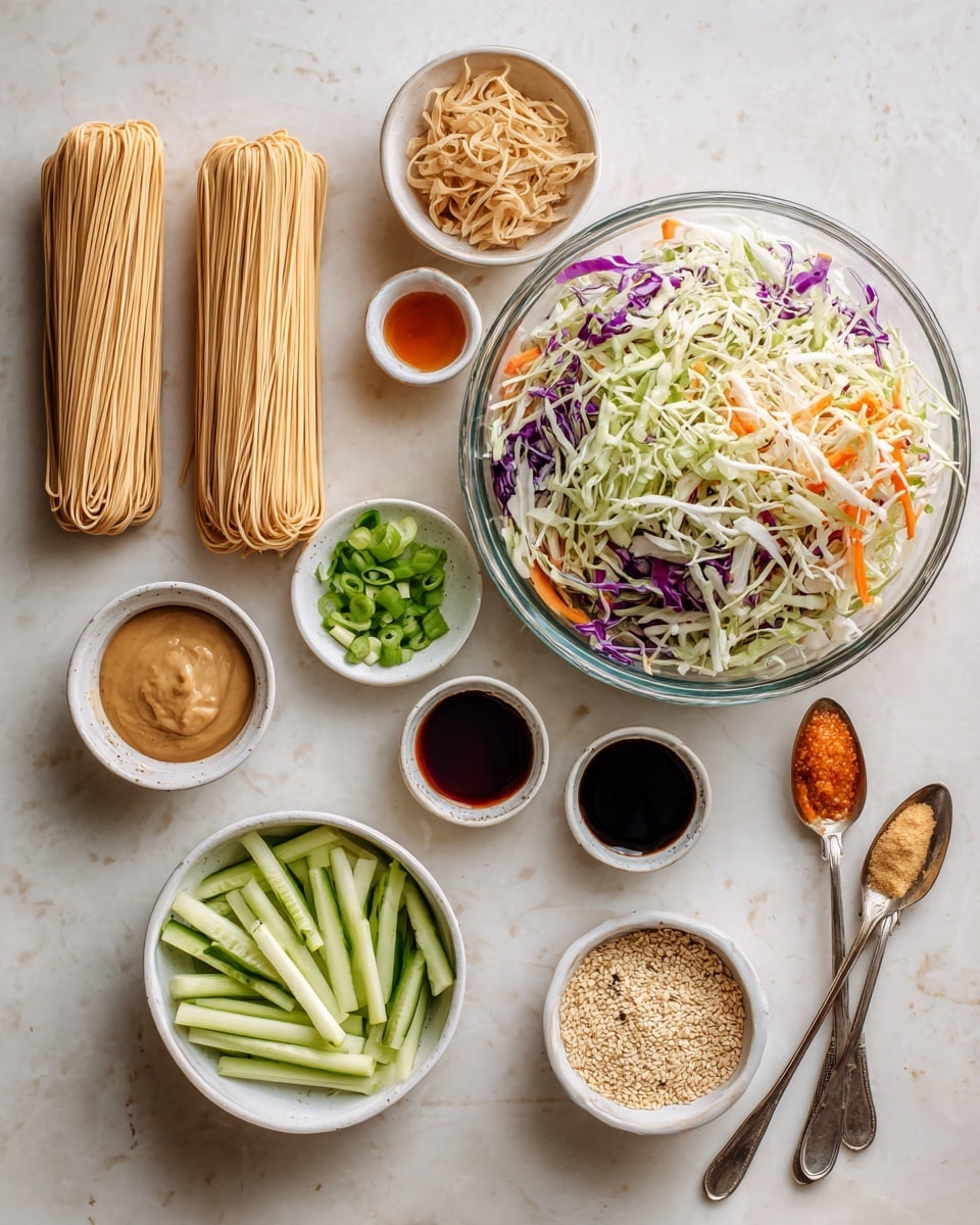 The image shows an overhead view of various ingredients arranged neatly on a white marbled surface. At the top right, there is a large glass bowl filled with colorful coleslaw mix showing white, light green, purple, and orange shredded vegetables. To the left, there are two bundles of light beige dried noodles standing upright. Below the noodles, a white bowl contains green cucumber sticks, while next to it, a smaller white bowl holds chopped green onions. Surrounding these are several small white containers filled with different sauces and ingredients: one has a light brown creamy sauce, another dark reddish soy sauce, one a darker soy sauce, a small container with a chili sauce, and a white dish filled with light tan peanut butter. There is also a small bowl of pale sesame seeds, and two spoons with crushed orange and black pepper ingredients. Overall, the items are spread out carefully and clearly for a recipe setup. photo taken with an iphone --ar 4:5 --v 7