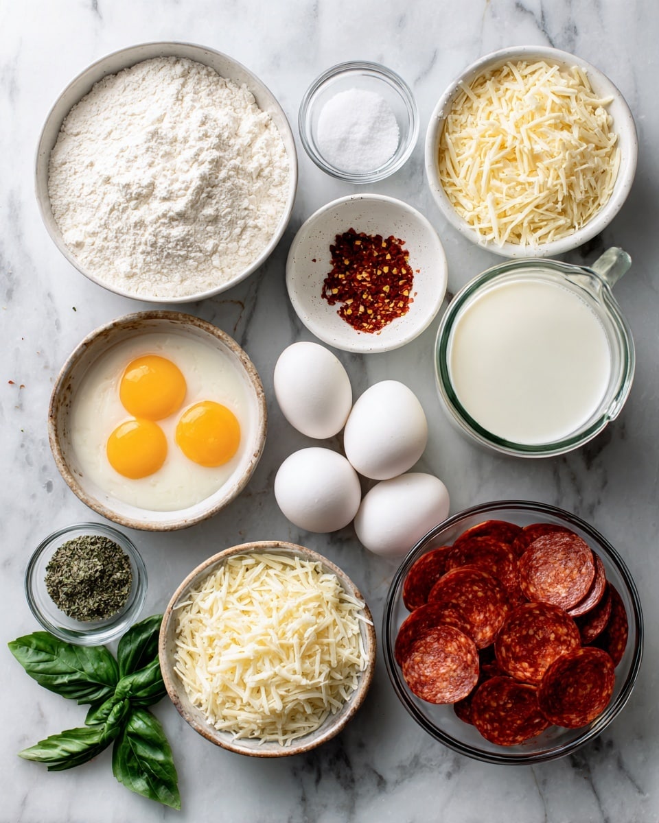The image shows an overhead view of nine bowls and jars on a white marbled surface. Starting from the top left, there is a bowl filled with white flour, followed by a bowl of grated light yellow cheese, and a small bowl with white salt. Below, a glass jar holds a white liquid, likely milk, while a bowl on the right contains sliced reddish-orange pepperoni. Two white eggs sit near the jar, and a small glass bowl contains red chili flakes. A bowl of shredded white and yellow cheese is near the center bottom, next to a small bowl with white powder, probably baking powder. At the bottom left is a small bowl of dried green herbs, and next to that, a few fresh green basil leaves lie on the surface. Photo taken with an iphone --ar 4:5 --v 7