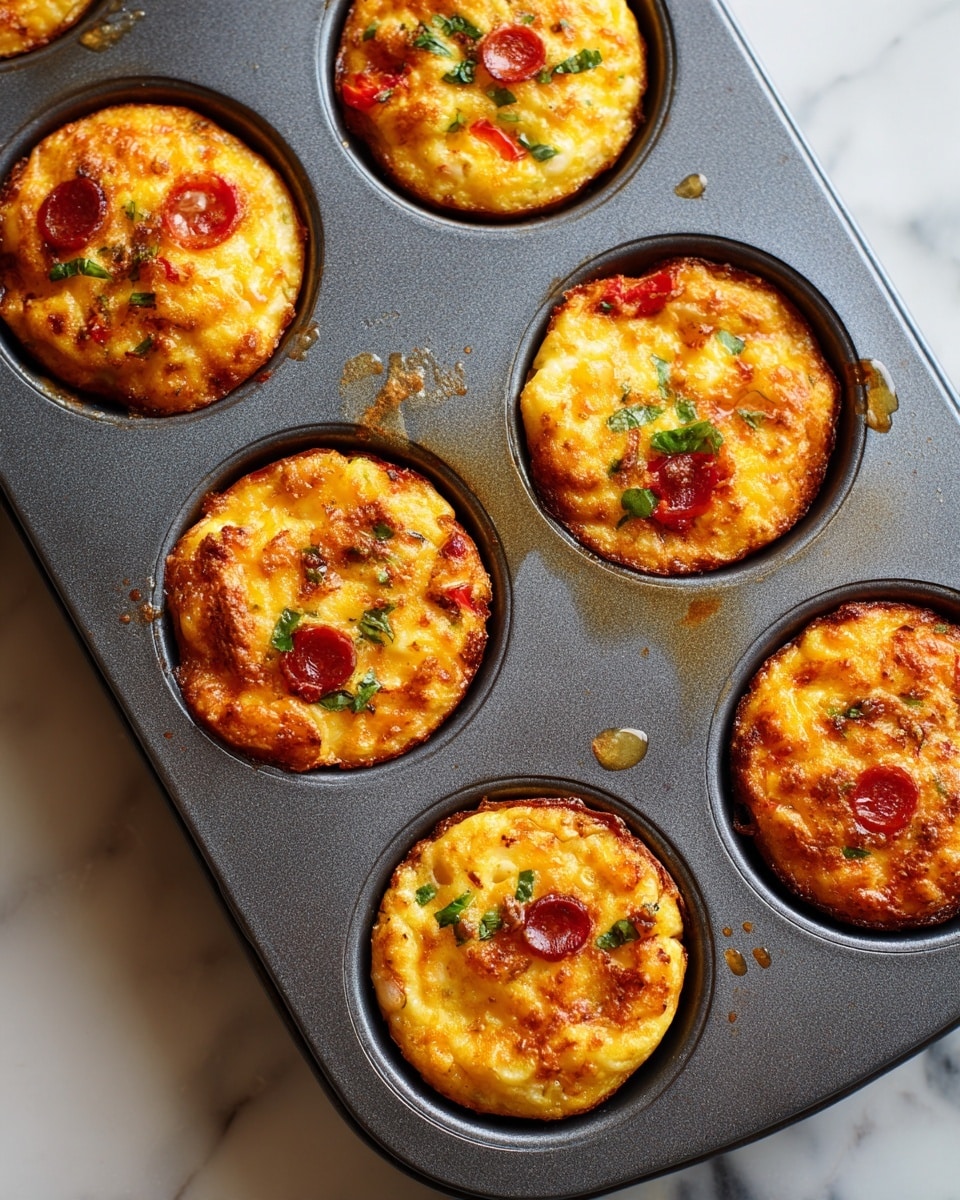 There are nine round, golden-brown mini pizza muffins in a metal muffin pan. Each muffin has a textured surface with a crispy, slightly uneven top layer that is orange to golden with small green bits inside. On the surface, there are several small red circular pepperoni pieces embedded, some with a shiny, moist look. The muffin pan has a dark grey non-stick coating with a few drops of oil and small crumbs around the muffins. The background is a white marbled texture. photo taken with an iphone --ar 4:5 --v 7