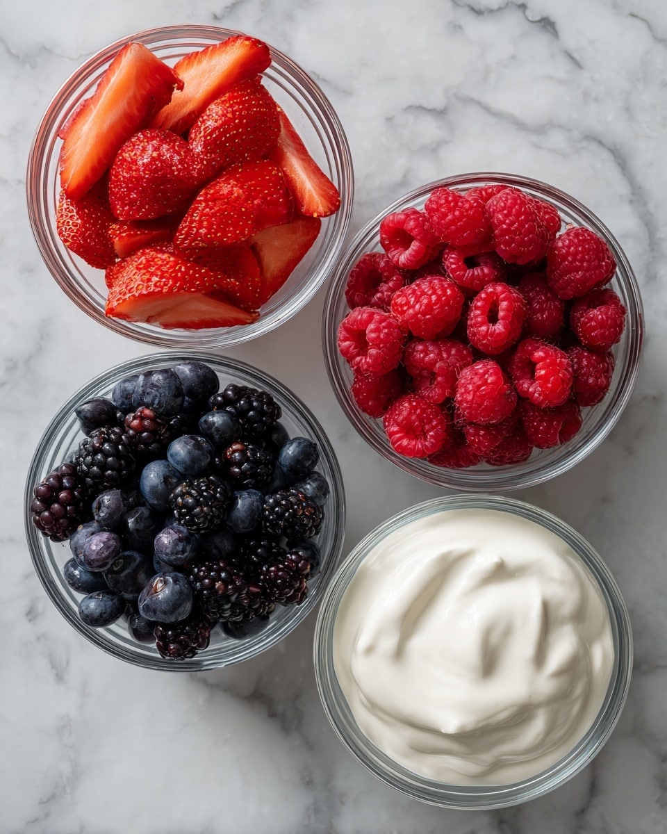 The image shows four clear glass bowls arranged on a white marbled surface. One bowl contains bright red sliced strawberries, another is filled with small, round, dark blue blueberries mixed with blackberries. A third bowl holds vibrant red raspberries, and the fourth bowl is open with creamy white yogurt inside, with its foil lid partially peeled back and resting on the bowl rim. The scene is clean and fresh, highlighting the contrast between the colorful berries and the white yogurt and marble. Photo taken with an iphone --ar 4:5 --v 7