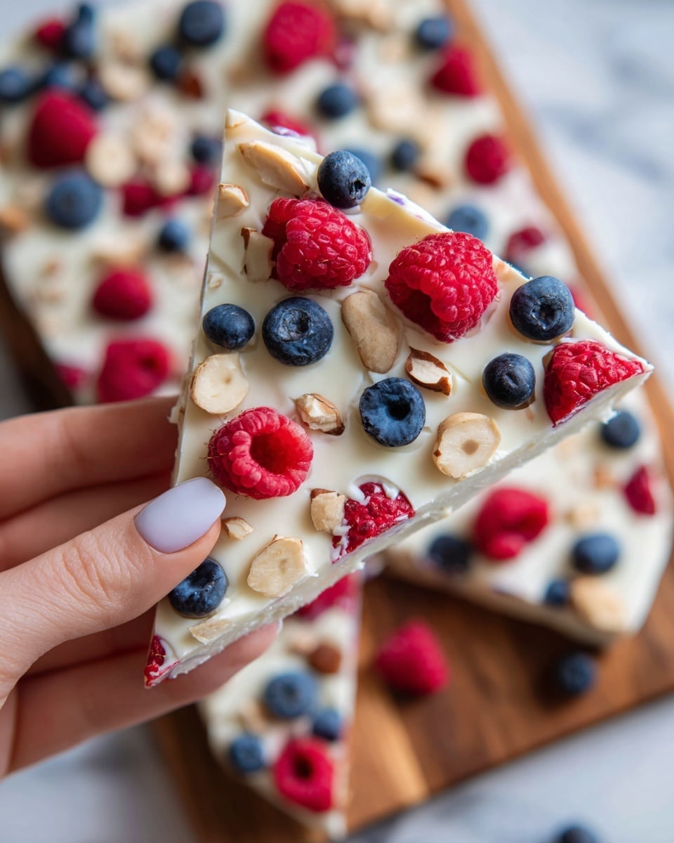 A close-up image of a frozen yogurt bark slice held by a woman's hand with light nail polish, revealing a single thin layer of creamy white frozen yogurt embedded with bright red raspberries, plump blue blueberries, and small pieces of light brown nuts scattered evenly throughout. The rest of the bark lies flat on a wooden board beneath it, showing more generous spread of the same toppings on a thick white yogurt base. The background surface is replaced with a white marbled texture photo taken with an iphone --ar 4:5 --v 7