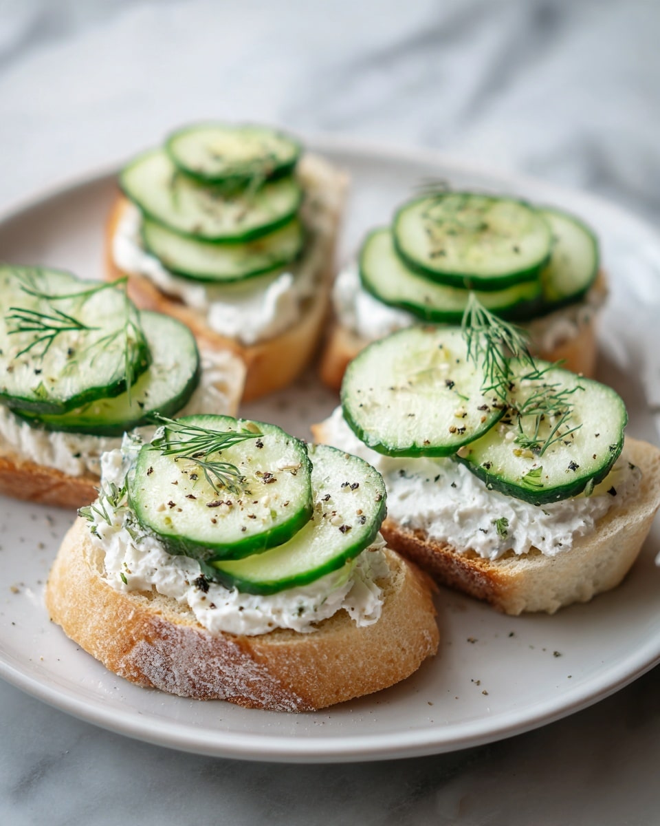 The image shows a white plate with several pieces of sliced baguette bread as the base layer. Each piece is spread with a thick layer of creamy white cheese. On top of the cheese, there are thin, overlapping slices of fresh cucumber with a green edge and a light green center. Each piece is garnished with small sprigs of dill and a sprinkle of black pepper, adding texture and color contrast. The plate sits on a white marbled surface. photo taken with an iphone --ar 4:5 --v 7