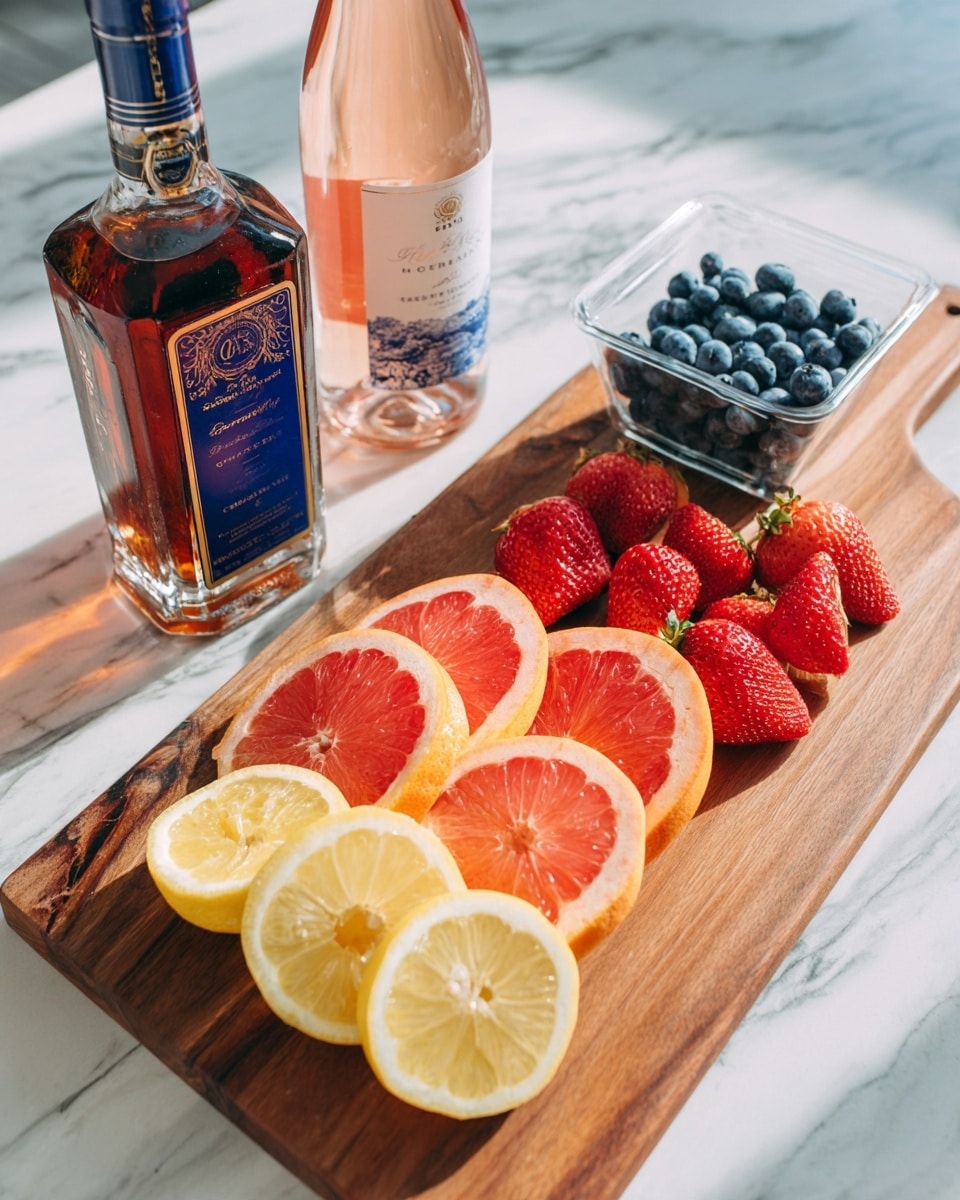 The image shows a wooden cutting board on a white marbled surface with three kinds of sliced fruit arranged in horizontal rows: red strawberries on the right, yellow lemon slices in the middle, and pink grapefruit slices on the bottom left. A clear plastic container of blue blueberries sits near the top of the board over the lemon slices. Next to the board on the left are two bottles, the larger one is a dark amber brandy bottle with blue and gold labels, and the smaller one is a frosted pink wine bottle with a white and blue label. The photo is taken with an iphone --ar 4:5 --v 7