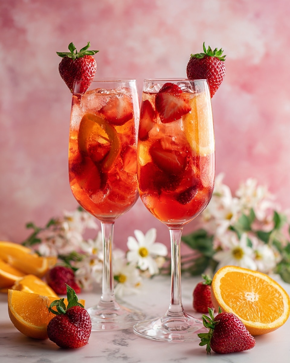 The image shows two tall, clear wine glasses filled with a pinkish-red drink. Each glass contains ice cubes, floating whole strawberries, and orange slices. At the top of each glass, there is a whole strawberry placed on the rim. The background is a soft pink color with small white flowers and fresh strawberries and orange slices placed at the base of the glasses on a white marbled surface. The glasses are in focus, showing the freshness of the ingredients. photo taken with an iphone --ar 4:5 --v 7