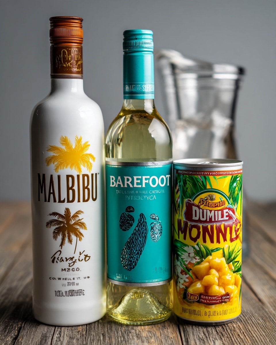 The image shows three drink ingredients placed closely together: on the left, a tall white bottle of Malibu Caribbean rum with a brown cap and a yellow and brown palm tree logo; in the center, a clear bottle of Barefoot Moscato wine with a turquoise cap and label featuring a turquoise footprint design; and on the right, a can of Del Monte crushed pineapple with a colorful label showing pineapple chunks and green leaves. Behind the bottles, a clear glass pitcher is partially visible, all set on a wooden surface with a gray background. photo taken with an iphone --ar 4:5 --v 7