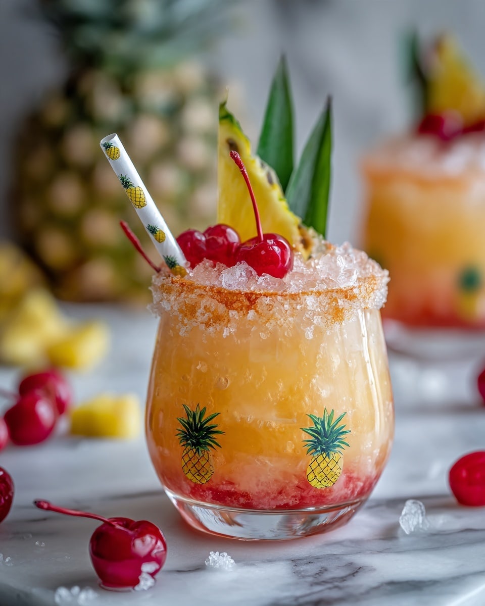 The image shows a close-up of a tropical cocktail in a clear, round glass sitting on a white marbled surface. The drink has a layered look with a mix of orange and pink colors, showing a slightly thick texture. The rim of the glass is coated with crushed light brown sugar or crystals. The drink is decorated with a vertical yellow pineapple wedge in the middle, two green pineapple leaves sticking up behind it, and two red cherries with stems on either side. A white straw with small yellow pineapples and green leaves printed on it stands inside the glass. Around the main glass, there are scattered pineapple chunks and bright red cherries, with another similar glass blurred in the background. The photo taken with an iphone --ar 4:5 --v 7