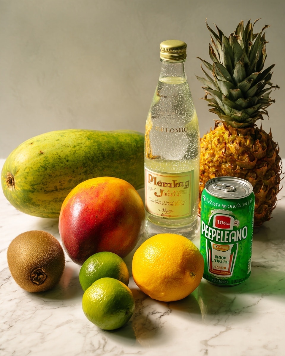 The image shows a group of fruits and drinks arranged on a white marbled surface. From left to right, the first layer includes a large green papaya with a rough texture, a bright yellow orange with a smooth surface, a green lime, and two brown fuzzy kiwis. Slightly behind these fruits sits a ripe mango with a mix of red, orange, and green colors. At the back, there is a whole pineapple with a spiky green top and yellow textured skin on the far right. In the center, three drink containers stand upright: a clear bottle with a light label and pale yellow liquid, a small can labeled “100% Pineapple Juice,” and a green tall glass bottle of S. Pellegrino sparkling water. The setup is clean and colorful with a natural look. photo taken with an iphone --ar 4:5 --v 7