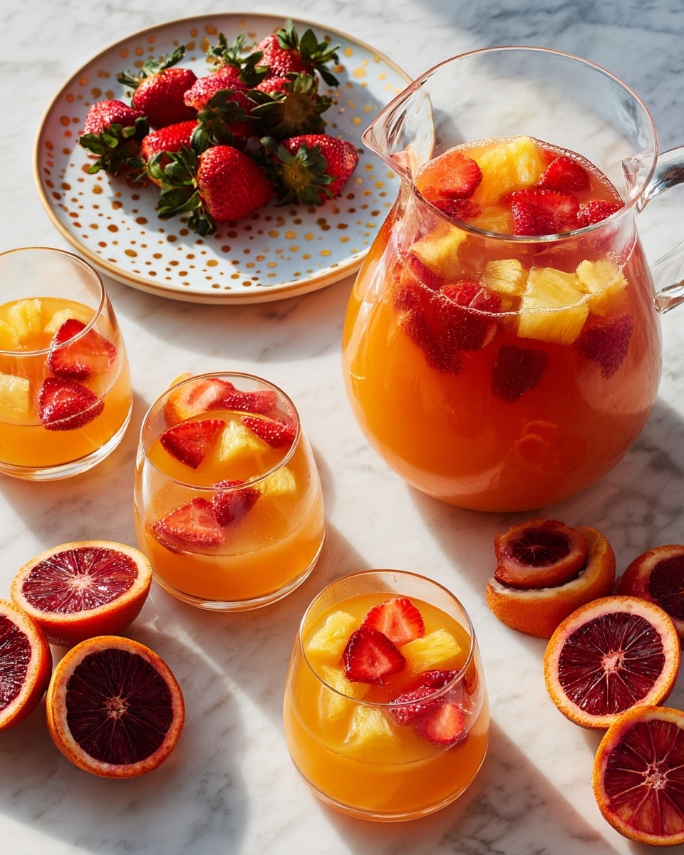 The image shows a clear glass pitcher filled with a bright orange liquid and floating pieces of red strawberries, raspberries, and yellow pineapple chunks, sitting on a white marbled surface. Surrounding the pitcher are three clear stemmed glasses, each containing the same orange drink with floating fruit pieces visible near the top. To the upper left, a white plate with small golden dots holds a small pile of whole fresh strawberries with green leaves. There are also several slices of deep red blood oranges scattered around on the white marbled surface. The scene is bright and colorful, with the fruit providing strong contrast to the orange drink. photo taken with an iphone --ar 4:5 --v 7