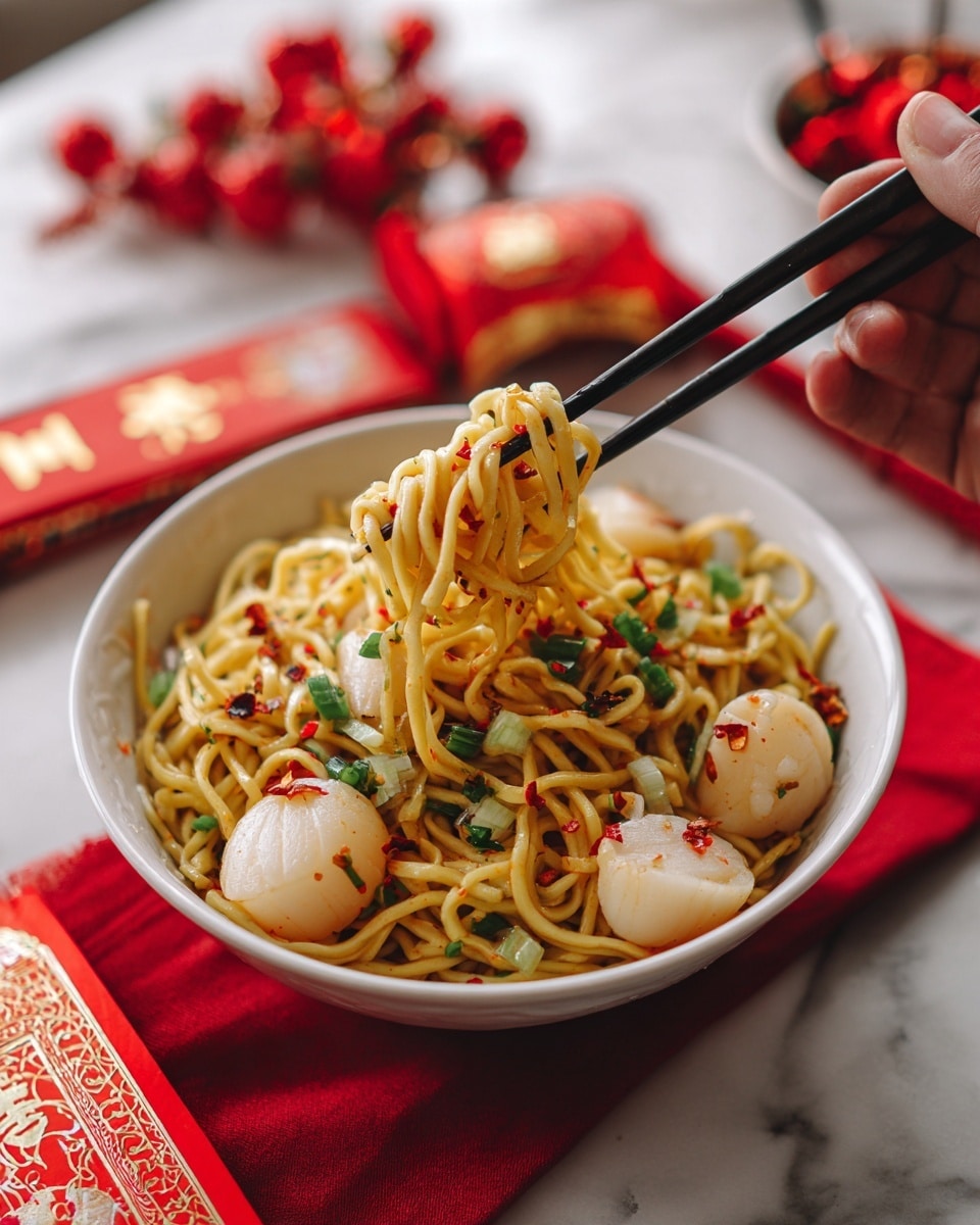 A white bowl filled with twisted yellow noodles topped with white scallops, green scallion pieces, and red chili flakes, sitting on a red cloth on a white marbled surface. A woman's hand holds black chopsticks lifting a clump of noodles above the bowl. The background has red decorations and a blurred red packet with gold Chinese characters. photo taken with an iphone --ar 4:5 --v 7