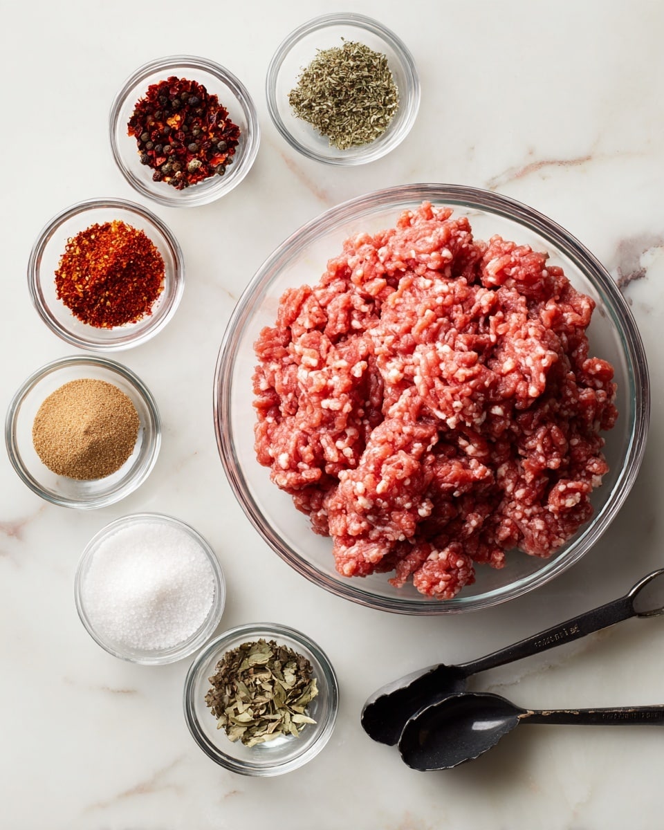 A large clear glass bowl filled with pink and white ground meat is placed on the right side of a white marbled surface. Surrounding the bowl are seven small clear glass bowls, spaced out in a semi-circle, each holding different spices: a dark reddish-brown powder, red chili flakes, a ground black spice, dried oregano, white granulated salt, brown sugar, and a greenish-gray powder. Below and to the left of the spices, two black measuring spoons rest against the surface. The image has a clean and bright look, with a soft light highlighting the textures and colors of the meat and spices. photo taken with an iphone --ar 4:5 --v 7