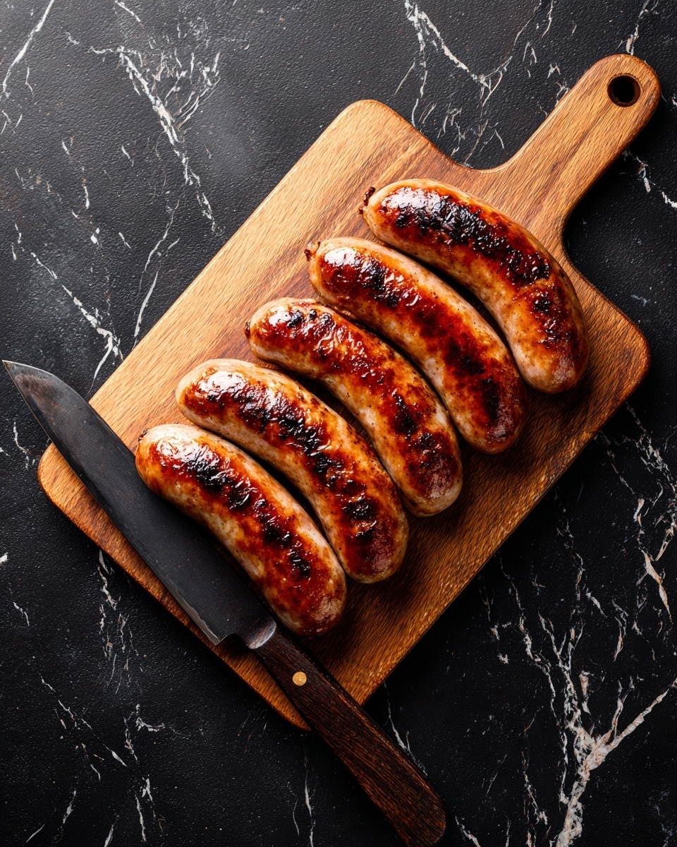 Five grilled sausages with a shiny, browned surface and dark char marks are placed in a row on a wooden cutting board with a handle on the right side. The sausages are plump and have a slightly curved shape, showing varied tones of golden brown and reddish hues. Below the board, a large knife with a dark wooden handle lies on a black textured surface replaced by white marbled texture. photo taken with an iphone --ar 4:5 --v 7
