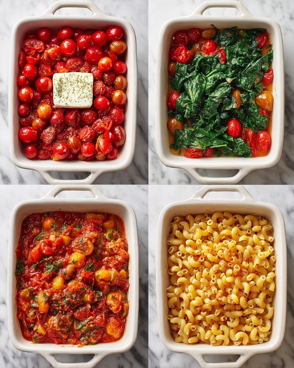 A four-part image of a white rectangular dish showing the cooking process of a pasta sauce. In the first part, the dish is filled with many small bright red cherry tomatoes and a square of white cheese in the center, sprinkled with dried herbs. In the second part, the tomatoes and cheese are cooked down into a chunky, warm orange-red sauce with visible softened tomato pieces. In the third part, fresh green spinach leaves are added on top of the sauce, creating a bright contrast. In the last part, elbow macaroni pasta is mixed in with the sauce and spinach, coated evenly in the sauce with small bits of tomato and spinach visible throughout. The dish sits on a surface with a white marbled texture. Photo taken with an iphone --ar 4:5 --v 7