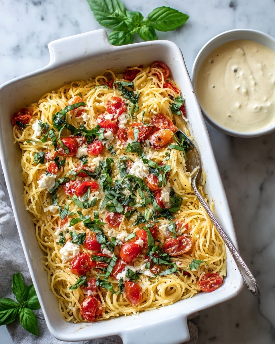 A rectangular white dish holds a pasta meal made of several layers: the bottom layer is a mix of spaghetti with soft light yellow noodles, scattered bright red tomato pieces, and small crumbly chunks of white cheese. Chopped fresh green basil leaves are spread evenly on top, adding bursts of color and freshness. A white spoon is placed inside the dish, resting on the right side. In the background, a small white bowl contains a creamy off-white sauce with a smooth texture, positioned against a white marbled texture surface. Some fresh basil leaves are also visible near the bowl, adding a natural touch. photo taken with an iphone --ar 4:5 --v 7