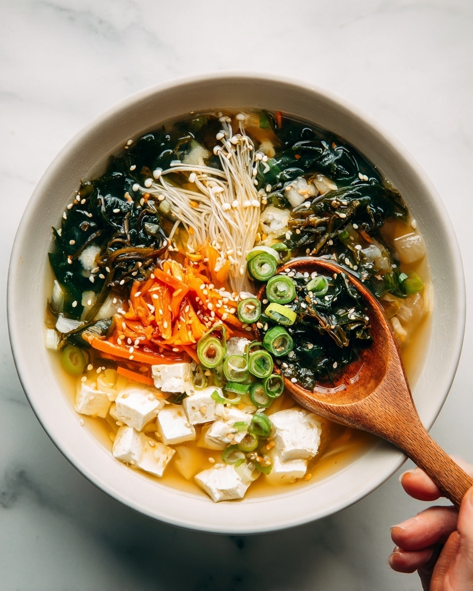 A white bowl on a white marbled surface holds a clear soup with several visible layers. The bottom layer is a light, almost transparent broth filled with small, diced white radish pieces and chunks of tofu. On top, there are bright orange carrot slices, dark green seaweed, light tan enoki mushrooms with thin strands, and scattered rings of fresh green onion. White sesame seeds are sprinkled across the surface. A wooden spoon rests inside the bowl, partially lifted, showing some of the soup's ingredients. A woman's hand can be seen holding the spoon near the edge of the bowl. Photo taken with an iphone --ar 4:5 --v 7