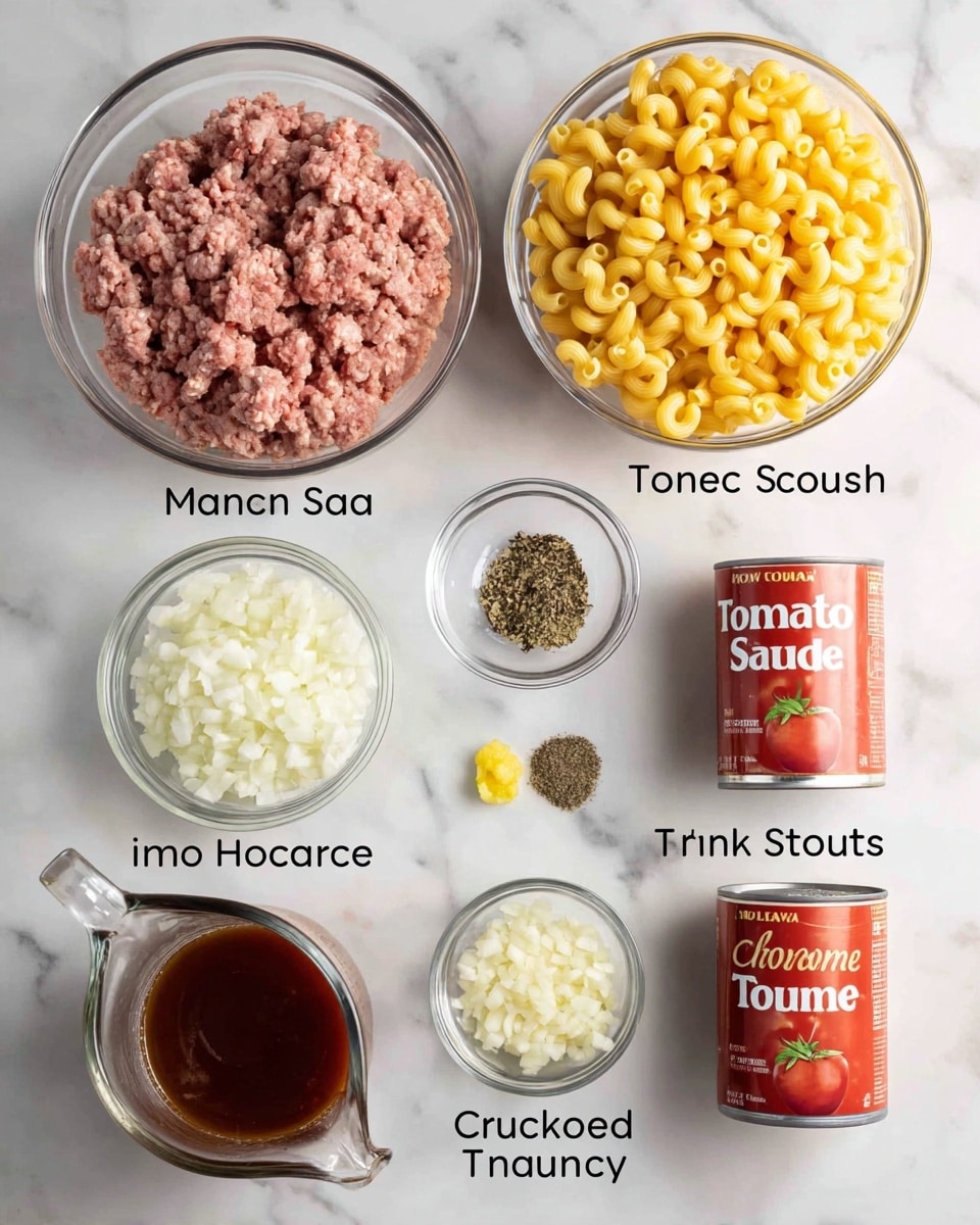 The image shows several cooking ingredients placed on a white marbled surface: in the top left corner, a clear glass bowl holds two types of ground meat with colors ranging from light pink to brown; to the right, a clear measuring cup is filled with uncooked elbow macaroni, bright yellow in color; below the meat, a small round clear bowl contains three different dry spices—black pepper, salt, and dried herbs, arranged neatly side by side; next to it on the right, another small bowl holds a small yellowish mound of minced garlic; below the spices, a clear bowl is full of finely chopped white onions; two cans, one lying on its side labeled “Tomato Sauce” showing a vibrant red and whole tomato image, and another standing can labeled