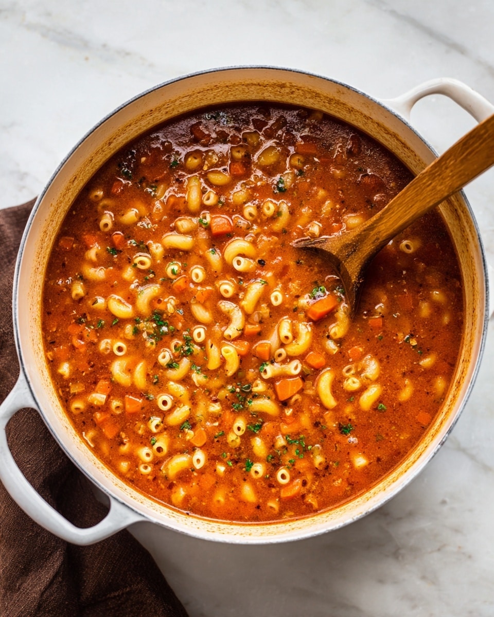 This image shows a white pot filled with a thick, reddish-orange soup or stew with elbow macaroni pasta. The soup has small pieces of cooked carrots and green herbs sprinkled on top, adding bits of green color. The texture looks rich and hearty, with the soup liquid bubbling gently around the pasta and vegetables. A wooden spoon is resting inside the pot, partially submerged in the soup. The pot sits on a white marbled surface, with a brown cloth visible on the left side. photo taken with an iphone --ar 4:5 --v 7
