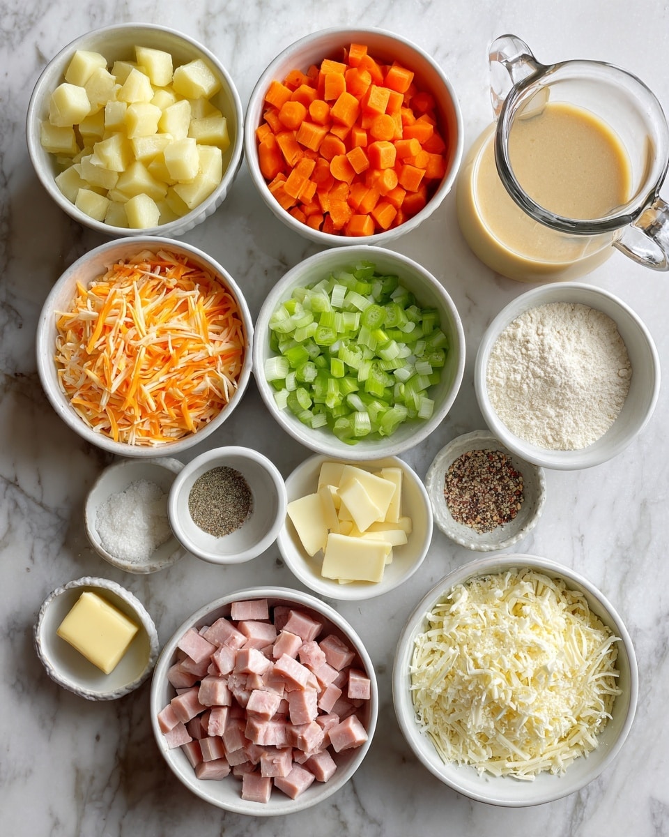 The image shows several white bowls and small white dishes arranged on a white marbled surface. There are four small bowls filled with diced yellow potatoes, chopped orange carrots, chopped green celery, and chopped white onions. Another bowl contains shredded orange cheese. A small bowl holds cubed ham in a pale pink color. One small dish contains softened yellow butter, another has salt, and a third contains ground black pepper. There is a bowl with flour, a container with light yellow melted butter, and a small bowl filled with white crumbled cheese. A clear glass pitcher holds a light beige broth. Photo taken with an iphone --ar 4:5 --v 7