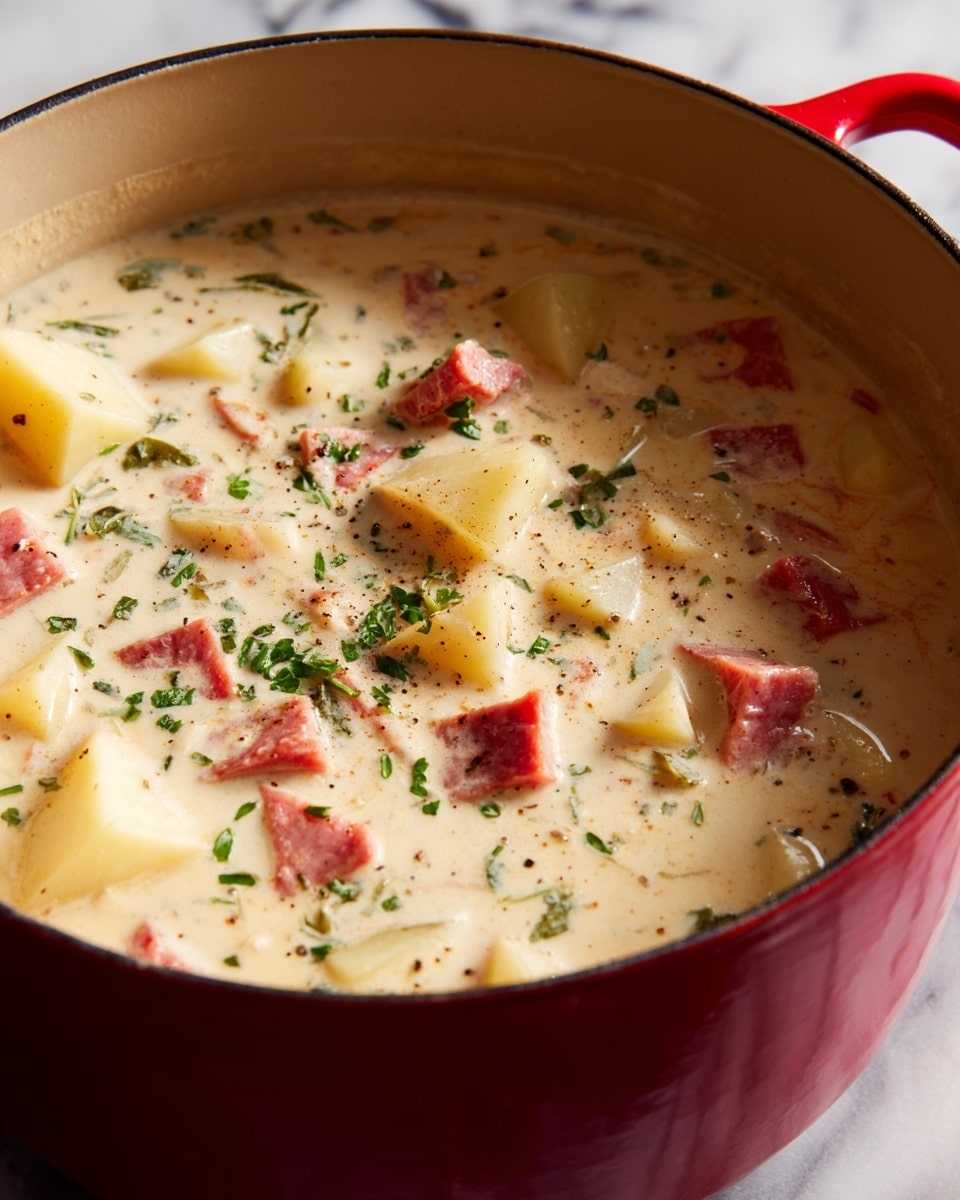 A close-up view of a red pot filled with a creamy soup that has a smooth light beige base with small green herb specks mixed throughout. On top, there are scattered chunks of diced light yellow potatoes and pink pieces of cooked meat. Some black pepper is sprinkled over the soup. The pot sits on a white marbled surface. The photo taken with an iphone --ar 4:5 --v 7