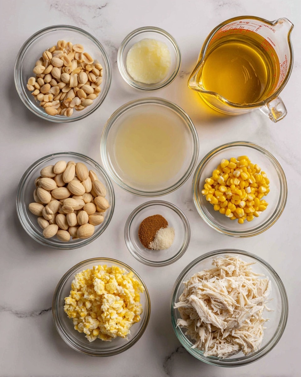 The image shows a white marbled surface with nine small clear glass bowls arranged neatly. Starting from the bottom center going clockwise, there's a bowl filled with beige-colored peanuts, a bowl with bright yellow corn kernels, a small bowl with a light yellow liquid, a tiny bowl with minced garlic, a large glass measuring cup filled with golden broth, a small bowl containing a brown powder, another tiny bowl with a light brown powder, a bowl with scrambled eggs, and a bowl with shredded white chicken in the center. Each bowl holds a different ingredient arranged symmetrically, creating a clean and organized look. photo taken with an iphone --ar 4:5 --v 7