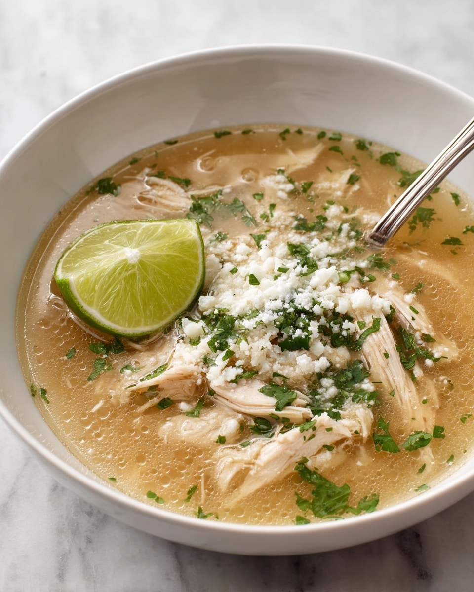 A white round bowl filled with a clear light brown broth that has shredded light chicken pieces floating in it. The soup is topped with finely chopped green cilantro and a small grated white cheese scattered over the top. On one side of the bowl, a bright green lime wedge rests on the surface of the soup. A silver spoon is placed inside the bowl against the edge, and the bowl sits on a white marbled surface. photo taken with an iphone --ar 4:5 --v 7