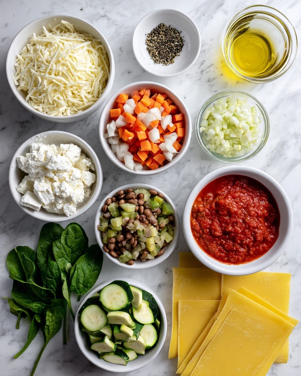 The image shows ingredients for making lasagna, all carefully arranged on a white marbled surface. There are three uncooked yellow lasagna sheets at the bottom right. Next to them are small white bowls with red tomato sauce, white ricotta cheese, chopped onions, diced carrots, chopped green herbs, chopped zucchini, shredded mozzarella, and whole cooked beans. There is also a small glass bowl with yellow olive oil, a small handful of black pepper seeds, and fresh spinach leaves placed in a small pile near the center. The colors are bright and clear with white bowls and a clean, white marbled background. The photo taken with an iphone --ar 4:5 --v 7