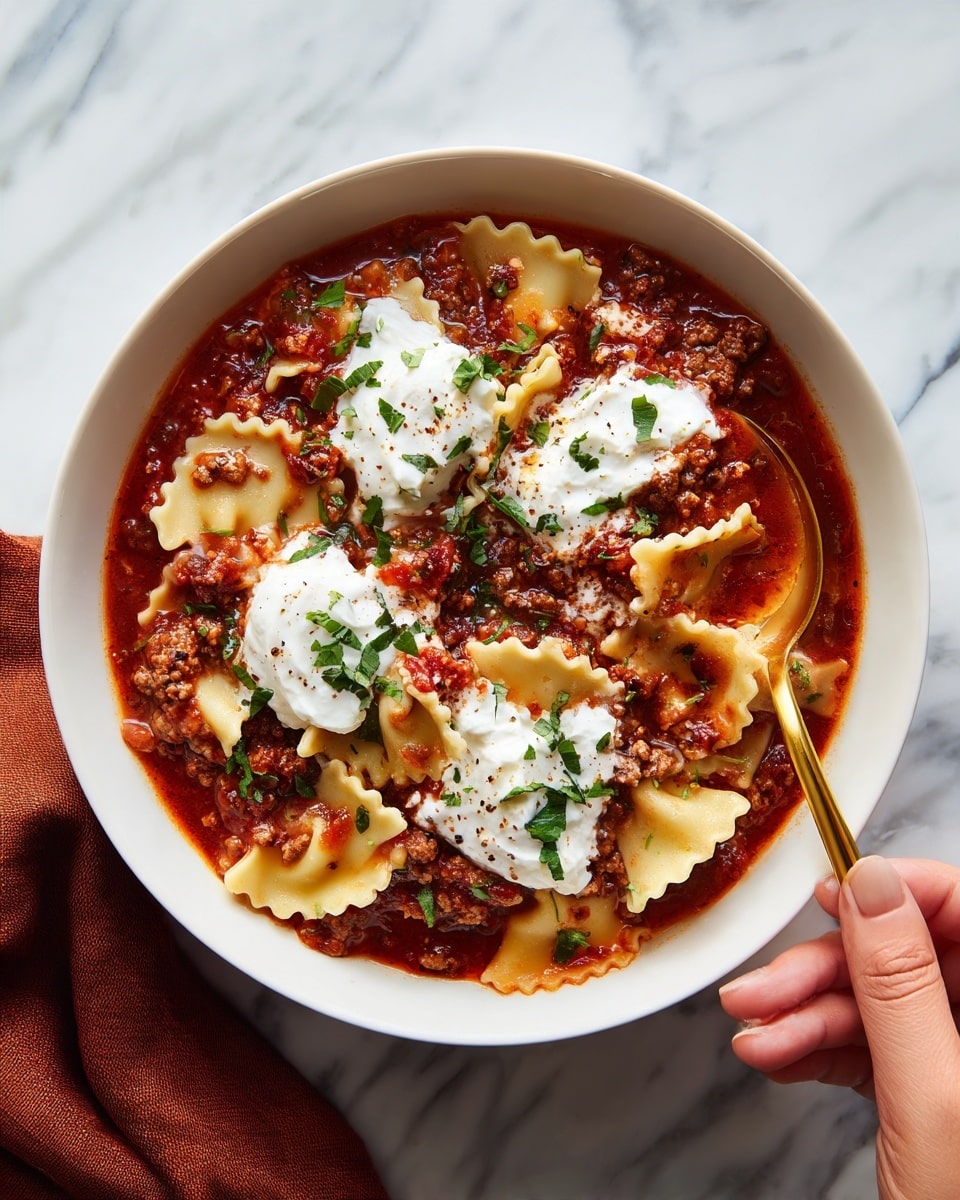 A white bowl filled with lasagna soup sits on a white marbled surface, showing multiple layers. The bottom layer is thick and chunky tomato sauce with visible pieces of ground meat and small bits of onion, with a rich red color and slightly oily texture. Scattered on top are large pieces of pasta with wavy edges, pale yellow with a soft texture soaked in the sauce. Several dollops of white ricotta cheese are spread on the surface, creamy and smooth. A woman's hand holding a golden spoon dips into the soup. The bowl is next to a dark orange cloth. photo taken with an iphone --ar 4:5 --v 7