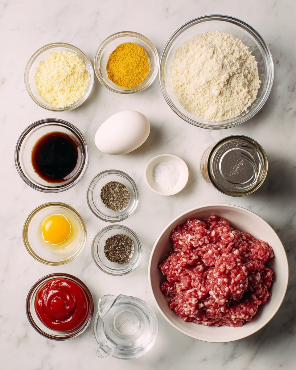 The image shows various cooking ingredients neatly placed on a white marbled surface. There are ten clear glass containers arranged in two rows: the bottom row has a dark brown sauce, a whole white egg, and bright red ketchup, while the top row includes a small bowl with yellow powder, a bowl with black pepper, a large bowl with light yellow breadcrumbs, and a can partially opened revealing a dark brown sauce inside. Also visible are two small clear bowls of white powder and salt, and a small measuring cup with clear liquid. In the bottom right corner, there is a large white bowl filled with raw minced meat in red and pink hues. The setup is clean and organized, ready for mixing. photo taken with an iphone --ar 4:5 --v 7