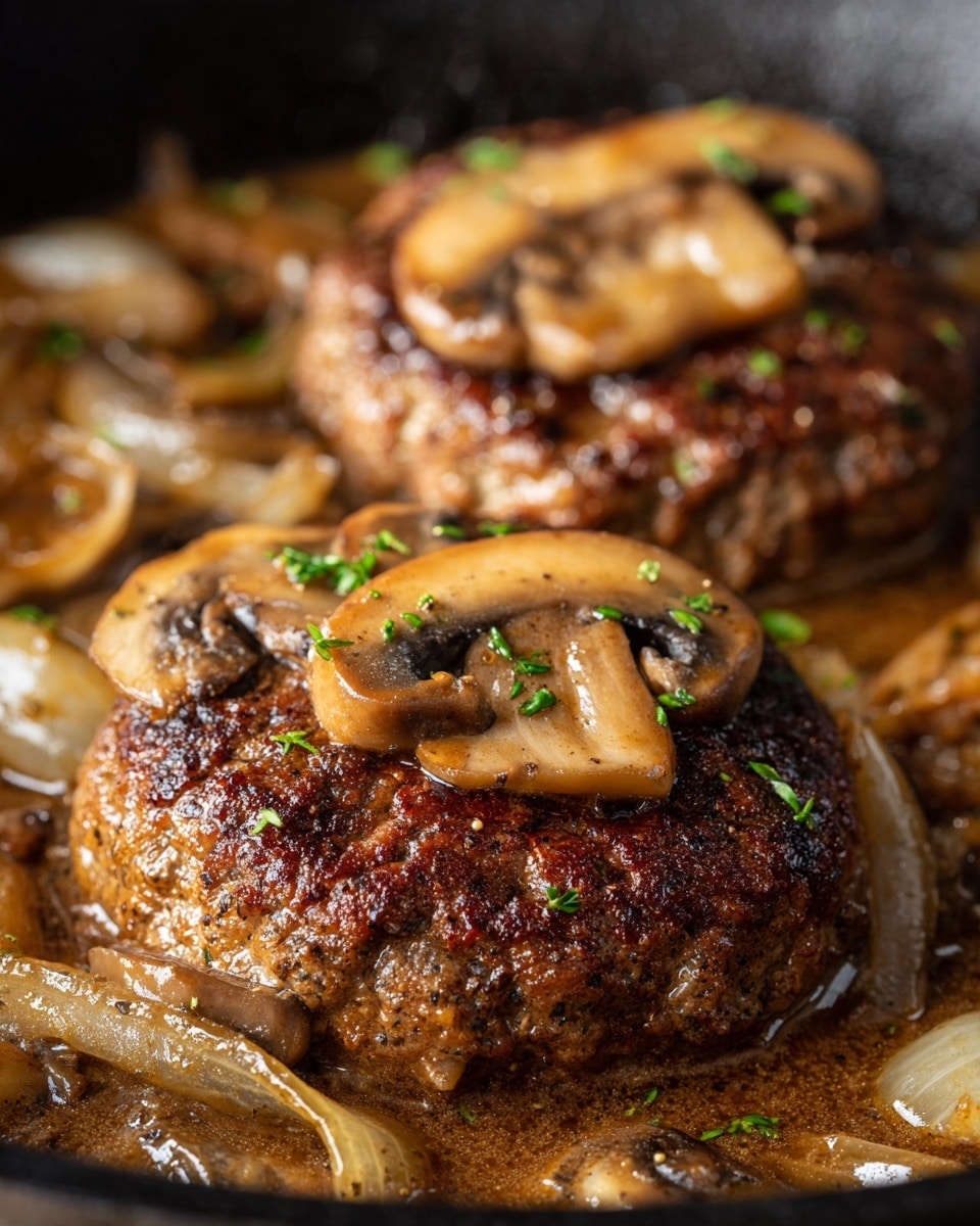 Two thick, browned meat patties sit in a black skillet filled with a glossy light brown mushroom and onion sauce. The patties appear juicy with a textured, seared crust visible through the sauce, which has several soft, light tan mushroom slices and translucent onion pieces on top. Small green herb bits are sprinkled over the dish, adding a touch of color. Photo taken with an iphone --ar 4:5 --v 7