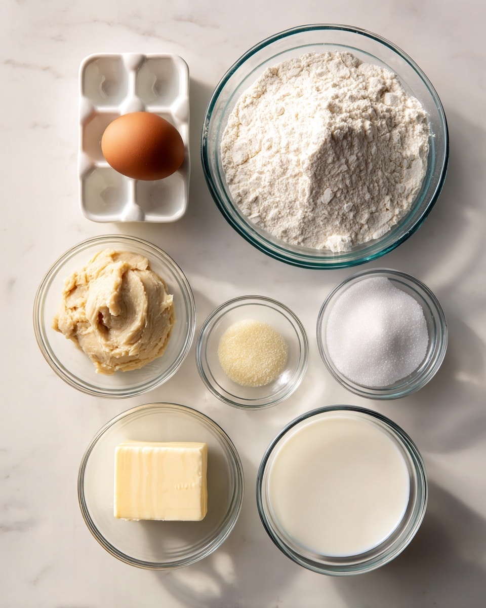 The image shows eight ingredients placed neatly on a white marbled surface arranged in a grid-like pattern. In the top left, a white egg tray holds a single brown egg. To its right, a large clear glass bowl is filled with white flour with a fine, powdery texture. Below the egg tray, a smaller clear glass bowl contains a beige, thick paste with a lumpy, uneven texture. To the right of this bowl, another small glass bowl holds a smaller amount of the same white flour seen earlier. Below the thick paste, a medium clear glass bowl is filled with white milk, smooth and creamy looking. To the right of the milk, a small clear glass bowl contains pale yellow granulated sugar. On the bottom left, a very small clear glass bowl contains a thick, square slice of pale yellow butter. On the bottom right, the smallest clear glass bowl holds white salt crystals. All bowls are transparent, and the scene is lit softly, with shadows beneath each bowl. photo taken with an iphone --ar 4:5 --v 7