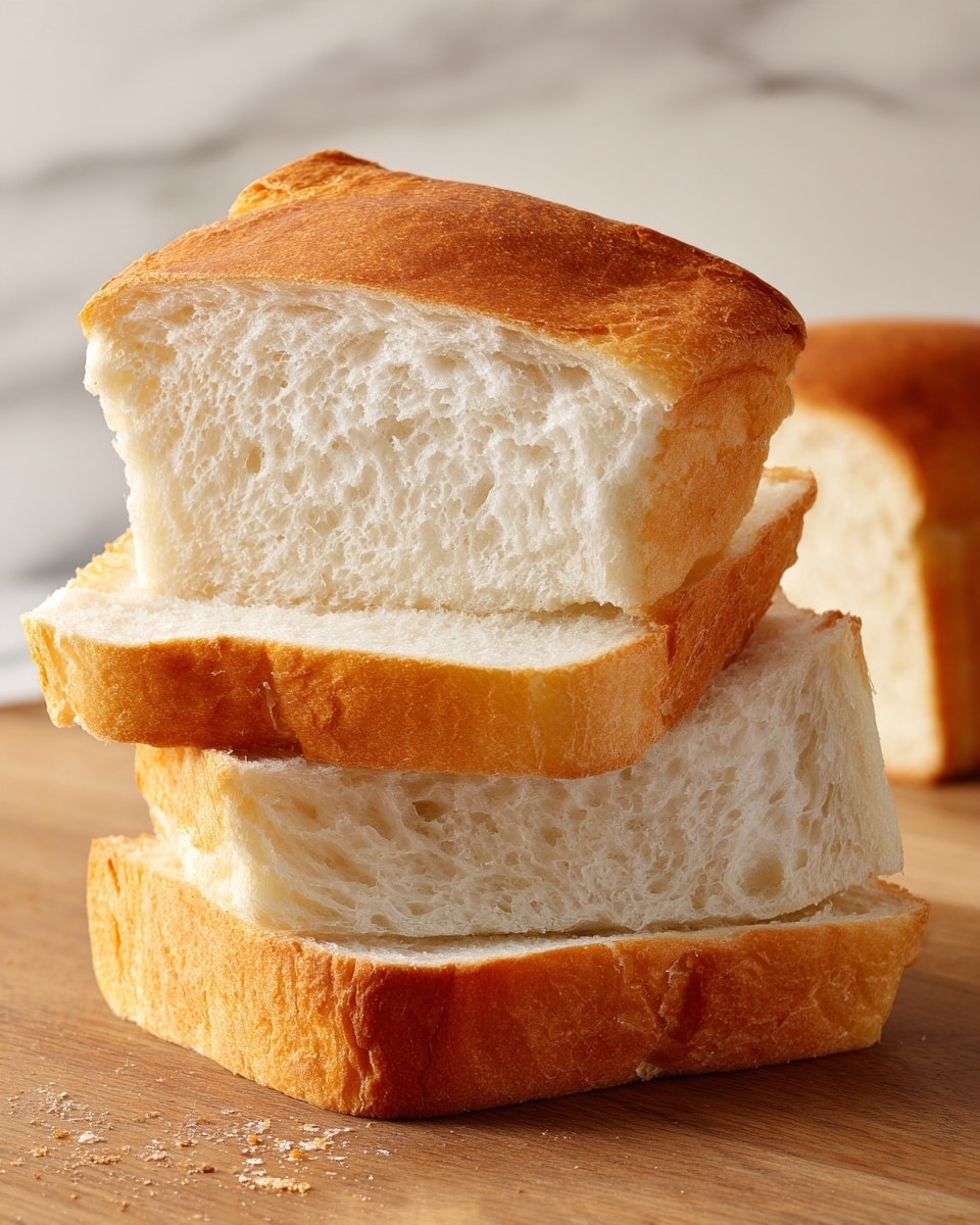 The image shows three slices of soft white bread stacked unevenly on a wooden surface. The bread has a light golden-brown crust with a soft, fluffy, and porous white inside. The crust edges are slightly rough and the bread texture looks airy and light. The background contains part of an uncut loaf showing the same soft interior and crust. The overall scene has natural lighting, making the bread look fresh and soft. The surface is replaced with a white marbled texture. photo taken with an iphone --ar 4:5 --v 7