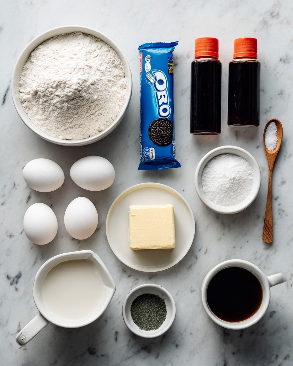 The image shows a white marbled surface with various baking ingredients laid out neatly. At the top left, there is a white bowl filled with flour, next to two bottles—one dark with an orange cap and the other deep red. In the center, there is a blue packet of Oreo cookies. Below the Oreos, there are three white eggs lined up horizontally, with a small amount of white powder in a small white bowl to their left. To the right of the eggs, a wooden spoon holds a square piece of butter. On the far right, there is a white cup filled with dark coffee or liquid, a white cup of granulated sugar, and a small white bowl of a green powder. A white measuring cup with milk is placed at the bottom left. The overall arrangement is clean with clear separation between each item. photo taken with an iphone --ar 4:5 --v 7