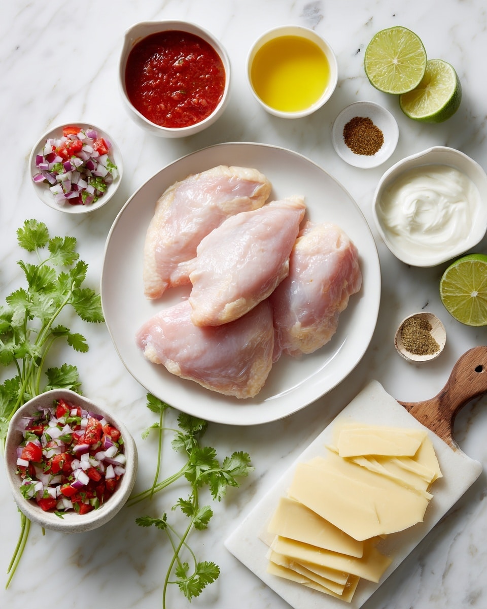 The image shows a white plate with three raw, pale pink chicken pieces placed on the left side of a white marbled surface. Around it are small white bowls containing various colorful ingredients: chopped red and green salsa with white onions, bright yellow melted butter, smooth white sour cream, rich red tomato sauce, and three types of spices in beige, light brown, and black colors. There are slices of pale yellow and white cheese laid on a small white cutting board with a wooden handle. There are also bright green lime halves and lime wedges scattered around with fresh sprigs of green cilantro. The scene is bright and clean, with all items neatly arranged. Photo taken with an iphone --ar 4:5 --v 7