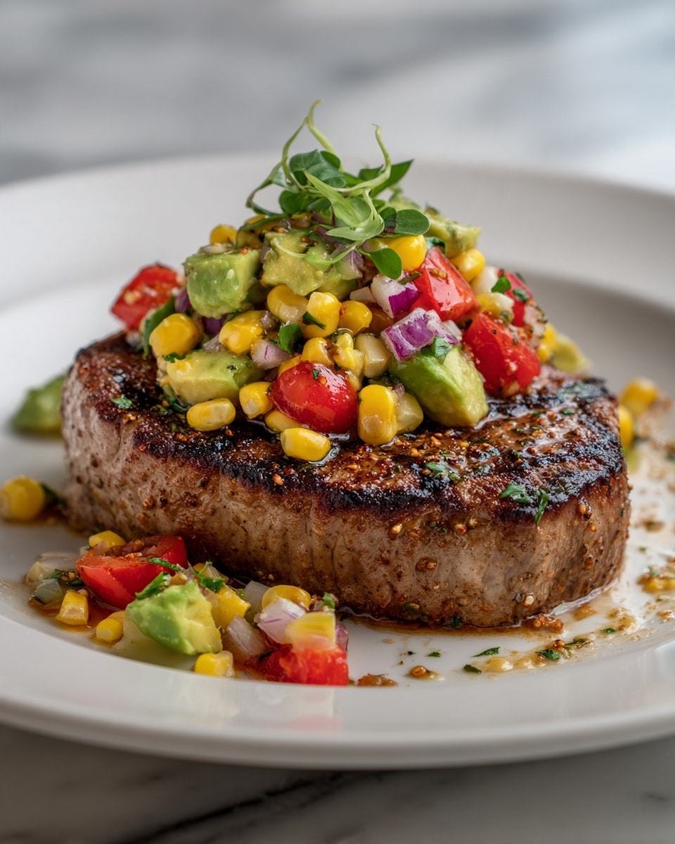A single seasoned grilled fillet is placed on a white plate, its brown, slightly charred texture showing a well-cooked surface with visible spices. On top of the fillet is a colorful mix layer of fresh avocado chunks in light green, bright red diced tomatoes, small white corn pieces that appear roasted with slight browning, bits of red onion, and green herbs scattered throughout, creating a vibrant and fresh contrast. A few pieces of avocado and corn are scattered around the plate. The whole dish sits on a white marbled surface. photo taken with an iphone --ar 4:5 --v 7