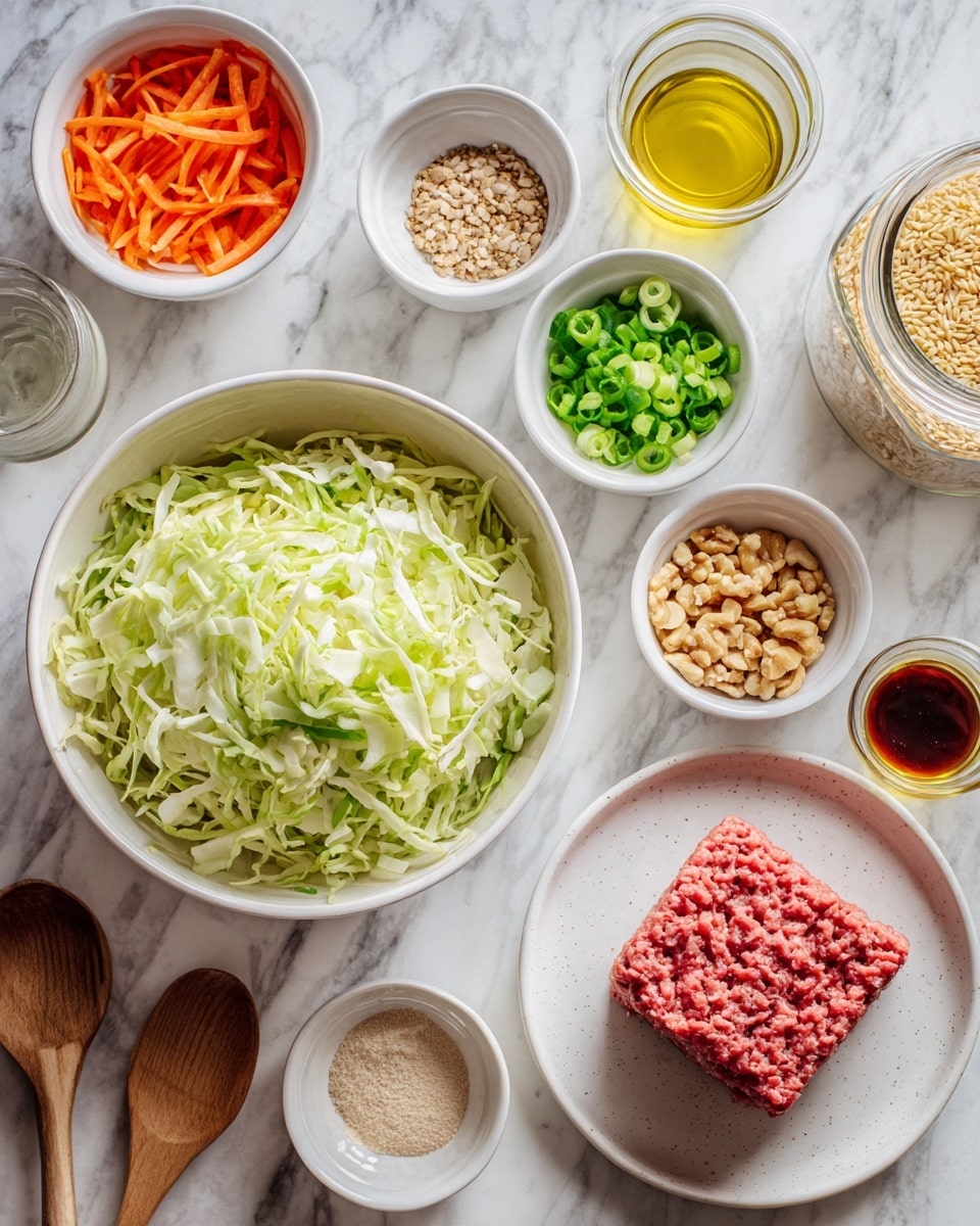 The image shows several small white bowls and plates arranged on a white marbled surface. One large white bowl in the center contains shredded cabbage with light green and white colors. To the right, a white plate has a square block of raw ground meat with a red color and a slightly rough texture. Surrounding these main dishes are smaller white bowls filled with different ingredients: one with bright green chopped scallions, one with thin orange carrot strips, one with a dark liquid sauce, one with light chopped nuts, and another with a beige powder. There is also a small glass container with clear golden oil and a small dish with a golden-yellow liquid. A wooden spoon and a clear jar with golden rice grains or seeds are also part of the setup. The whole arrangement looks neat and colorful. Photo taken with an iphone --ar 4:5 --v 7