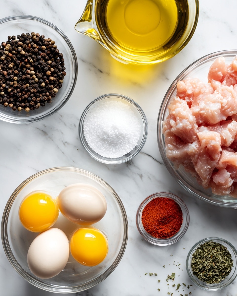 The image shows several clear glass bowls and a clear measuring jug arranged on a white marbled surface. At the bottom right is a bowl with four raw eggs cracked open, showing the yellow yolks and clear egg whites. To the left of it is a small silver bowl filled with whole black peppercorns. Above that is a small clear bowl with coarse salt that is white and grainy. Next to the salt is a larger clear bowl filled with raw pink chicken pieces. Above the chicken is a large clear measuring jug filled with olive oil, showing a light golden yellow liquid. To the right of the jug is a tiny clear bowl with red powder and below it is another tiny clear bowl with a lighter red or orange powdered spice. Between the jug and the bowl of chicken is a small clear bowl of green dried herbs. The items are spaced neatly on the white marbled surface. photo taken with an iphone --ar 4:5 --v 7