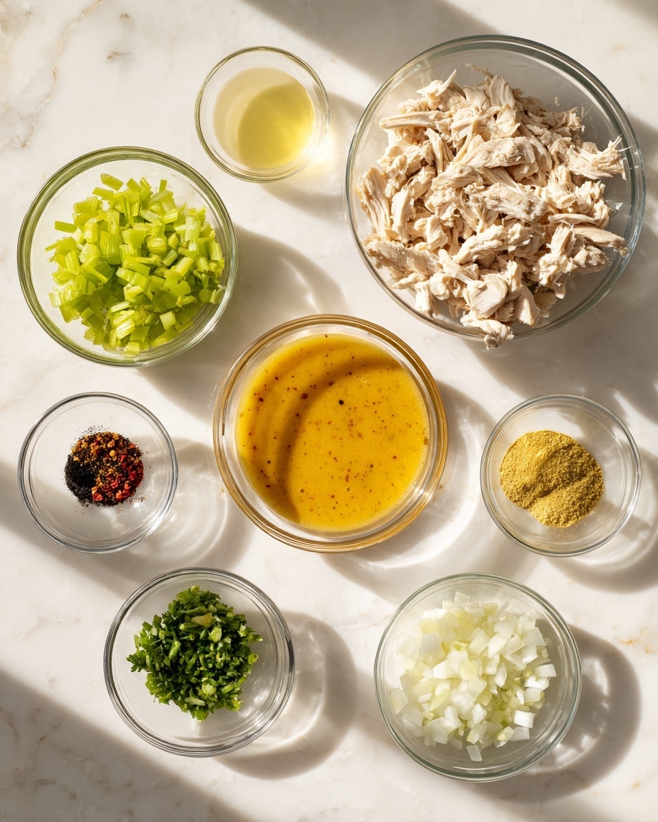 The image shows a white marbled surface holding eight clear glass bowls arranged in a loose circle. In the center is a bowl with light orange sauce with a creamy texture. Above it is a bowl filled with shredded, cooked light brown chicken pieces. To the left of the chicken is a bowl with bright green chopped celery. On the far left, smaller bowls contain dark brown ground pepper and red powder seasoning. To the right of the sauce, there is a bowl with small cut white onions and a smaller bowl nearby with light yellow powder seasoning. Above, a very small bowl holds a clear pale yellow liquid. Another small bowl to the top left has bright green chopped herbs. The lighting is bright and natural, casting soft shadows. Photo taken with an iphone --ar 4:5 --v 7