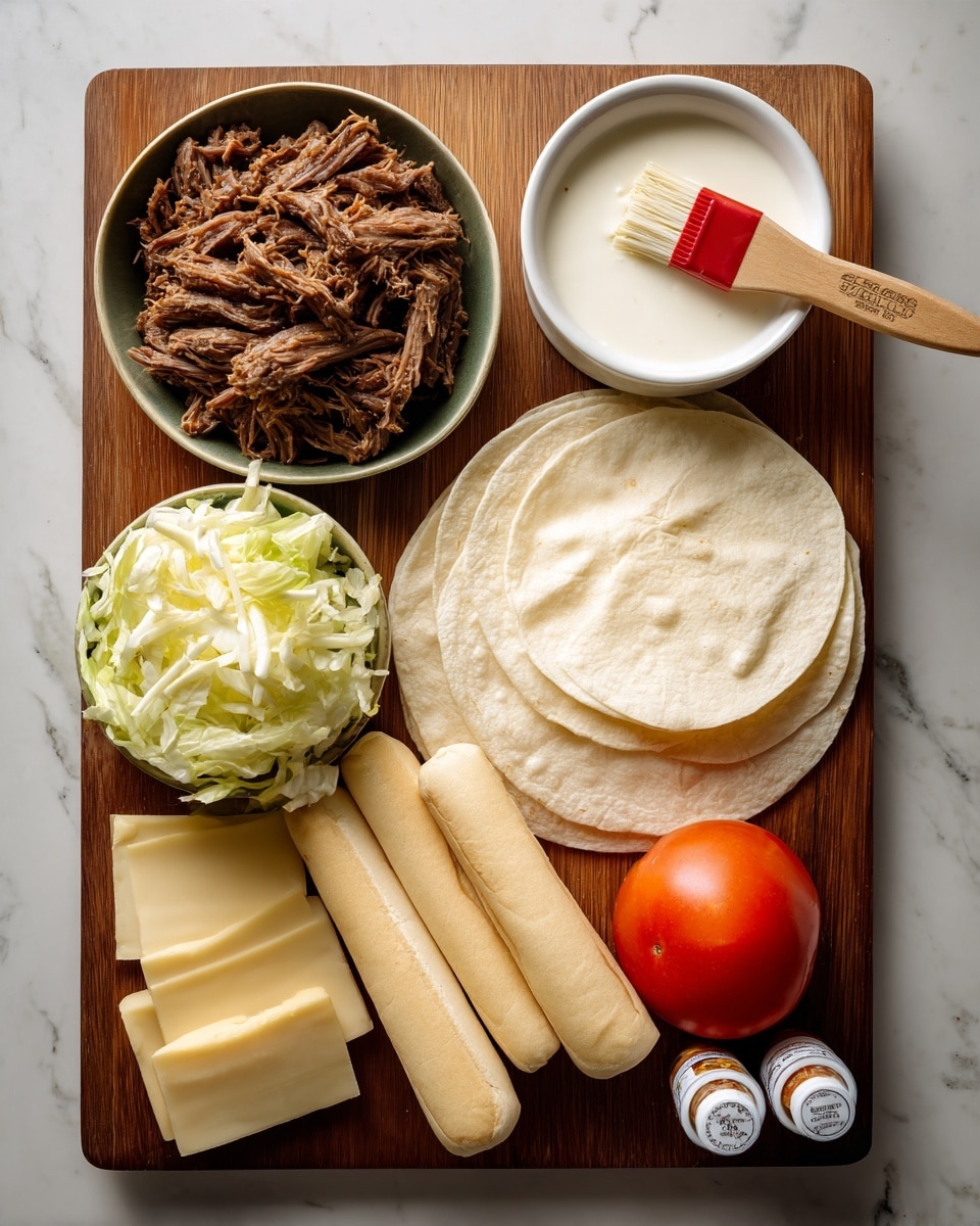 The image shows a wooden cutting board on a white marbled surface holding several ingredients arranged neatly. There is shredded brown cooked meat in a small green bowl on the top left, next to a small white bowl filled with white sauce and a red brush inside it. Below these, there are three round white tortillas stacked. To the right, there is a whole red tomato and a bundle of pale green lettuce leaves. In the lower left corner of the board, there are several slices of pale yellow cheese. On the bottom right, there are two white sandwich rolls placed side by side. Two small tubes with seasoning or sauces sit near the cheese slices and white bowl. photo taken with an iphone --ar 4:5 --v 7