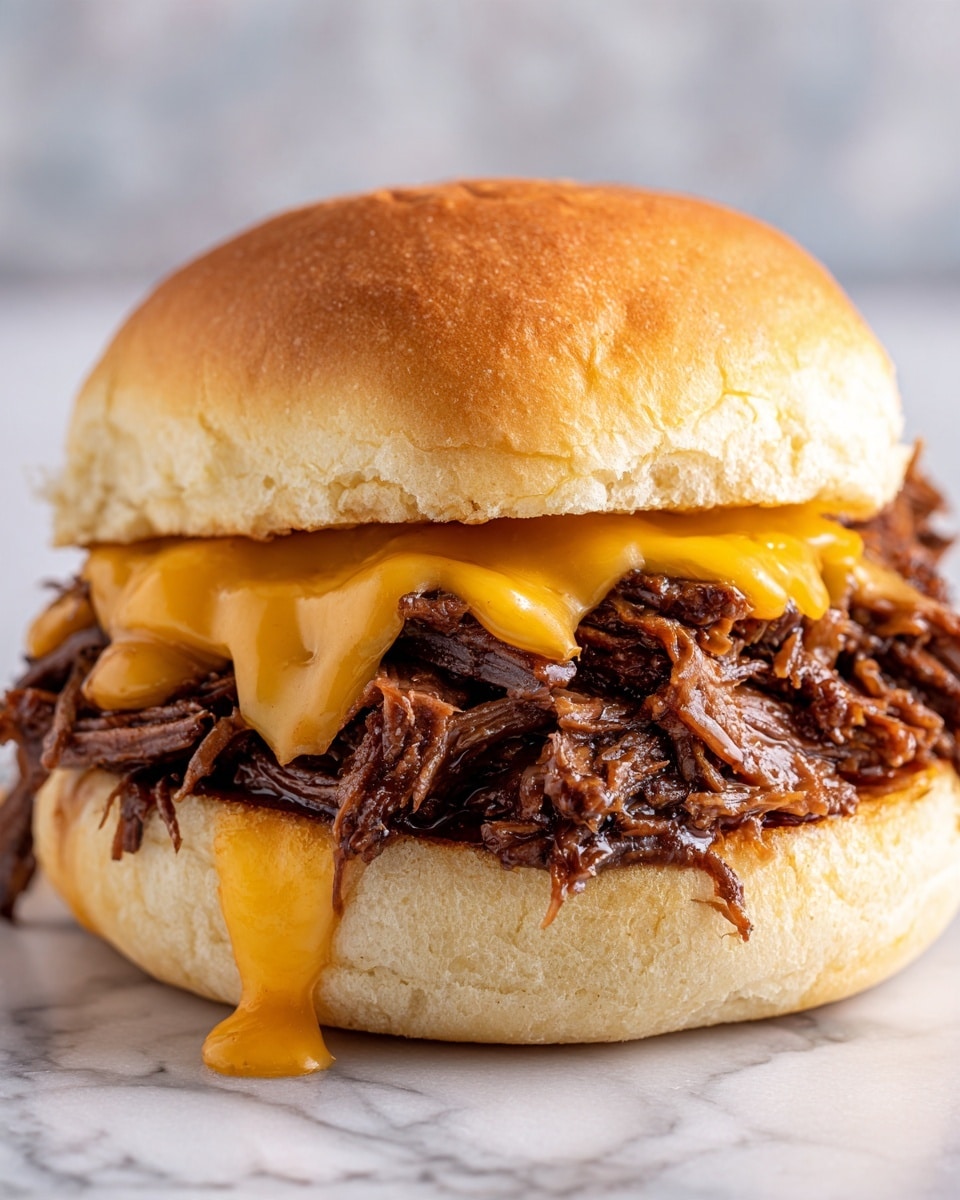 A sandwich sits on a white marbled surface, made with a soft white bun that is lightly browned on top. Inside, there is one thick layer of dark brown, shredded meat that looks tender and juicy. On top of the meat, there is a melted layer of bright yellow-orange cheese that drips slightly down the sides. The sandwich is close up, showing the texture of the bun and the meat clearly. Photo taken with an iphone --ar 4:5 --v 7