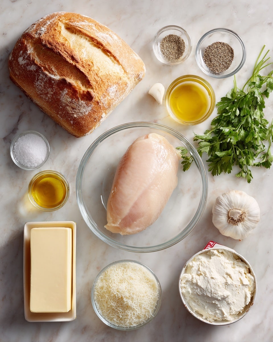 The image shows a white marbled surface holding cooking ingredients neatly arranged. From left to right, there is a large loaf of bread with a golden-brown crust, then a clear round glass bowl in the center holding a single raw pale pink chicken fillet. To the right of the bowl, there are small glass bowls with black pepper, white granulated salt, bright yellow olive oil, and white flour. Above those, there is a wedge of pale yellow Parmesan cheese with its label visible. Below this cheese are two sticks of butter in a pale yellow wrapper, a block of white Philadelphia cream cheese, and a red and white carton of heavy whipping cream. The top right corner has a head of white garlic and a small bunch of fresh green parsley. Photo taken with an iphone --ar 4:5 --v 7