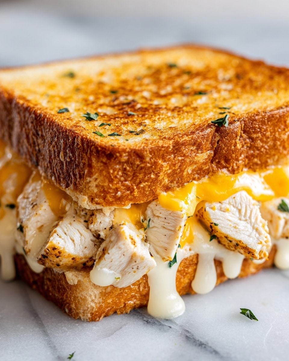 A close-up of a sandwich with three clear layers: the bottom layer is a thick, toasted piece of golden brown bread with a crispy crust; the middle layer consists of tender pieces of white meat chicken with a light brown seasoning on the edges, spread evenly across the bread; the top layer is creamy melted light orange cheese sauce covering the chicken and bread partly, with melted white cheese strings visible in some spots, all sprinkled with small green herb pieces. The sandwich rests on a white marbled surface. photo taken with an iphone --ar 4:5 --v 7