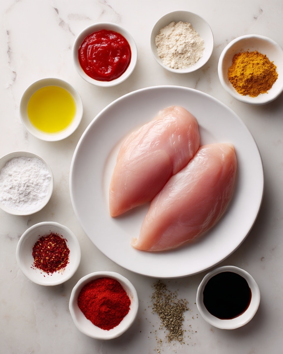 The image shows a white plate in the center with two raw chicken breasts that are pale pink and smooth in texture. Around the plate, there are small white bowls arranged in a neat circle on a white marbled surface. Each bowl contains different ingredients: bright red sauce, white powder, dark brown liquid, yellow oil, light tan powder, fine black pepper, deep red spice, and a small amount of salt. The overall look is clean and organized, with each ingredient clearly visible. Photo taken with an iphone --ar 4:5 --v 7