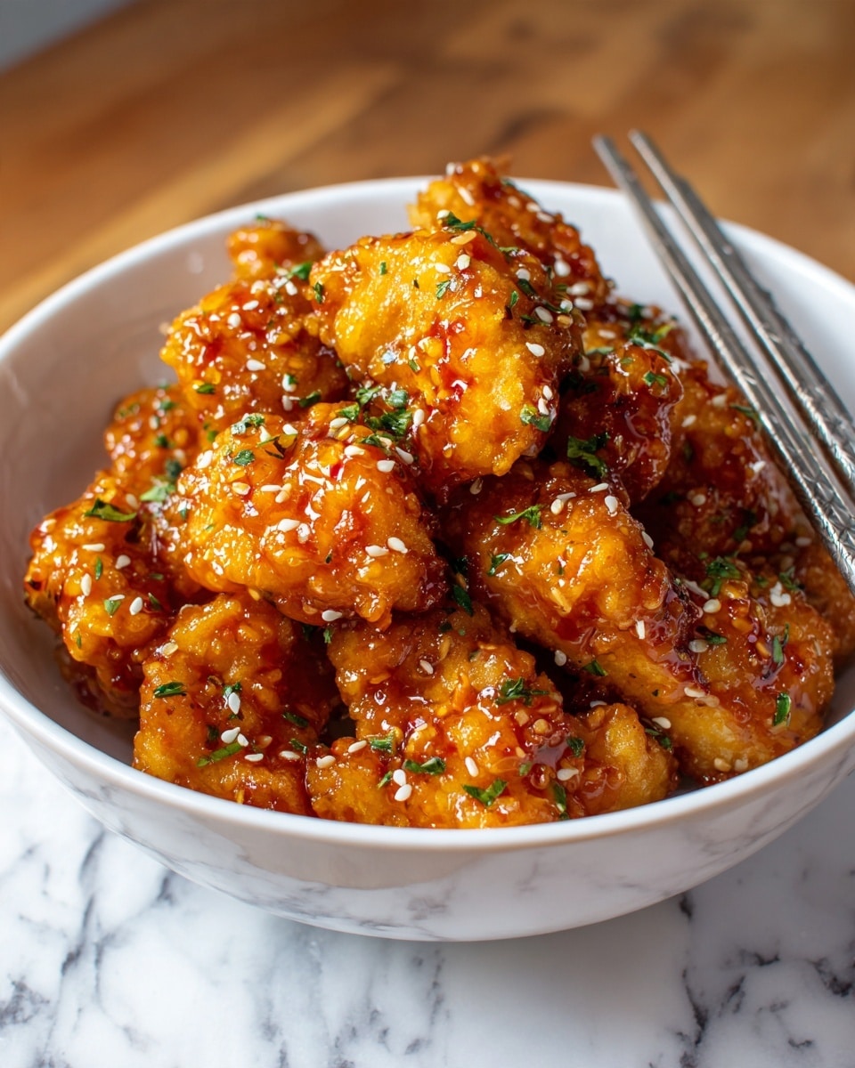 The image shows a white bowl filled with several pieces of golden-brown fried chicken, coated in a shiny, sticky orange sauce. The chicken pieces are topped with small white sesame seeds and finely chopped green herbs. On the right side of the bowl, a pair of silver chopsticks rests against the bowl's edge. The bowl sits on a wooden surface, but the background is changed to a white marbled texture. The photo is taken with an iphone --ar 4:5 --v 7