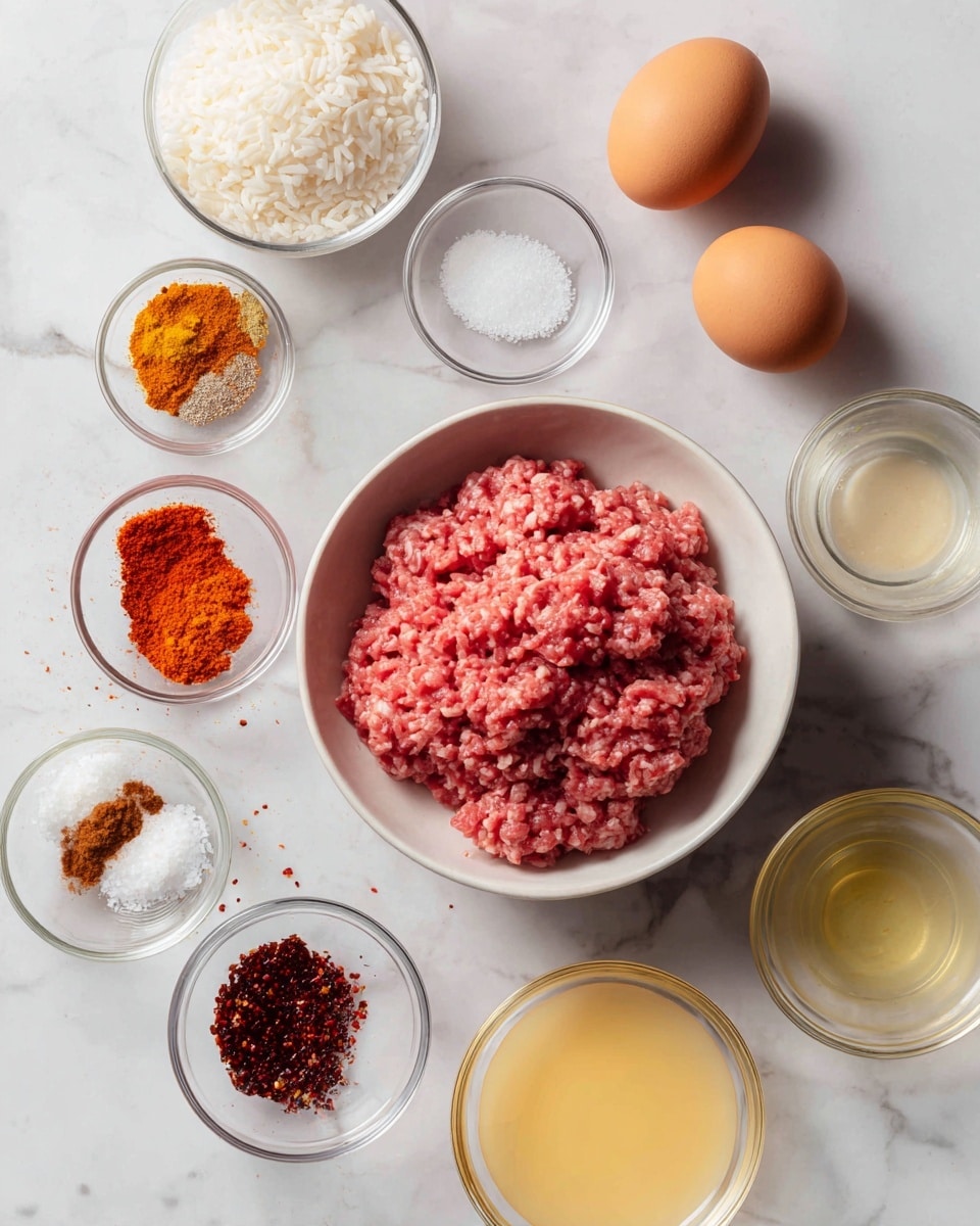 The image shows ingredients for a recipe arranged neatly on a white marbled surface. In the center, there is a white bowl filled with pink ground meat. Around it, there are two brown eggs near a white container of white rice. Small clear bowls hold spices: some brown powder, bright orange powder, crushed red flakes, white granules, and a dark brown sauce. Additionally, there are small clear bowls with light yellow and white liquids. The colors create a mix of pink, brown, white, orange, and red tones. photo taken with an iphone --ar 4:5 --v 7