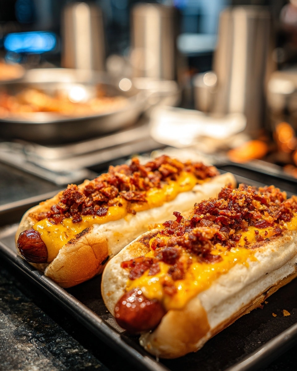 The image shows two hot dogs side by side in white hot dog buns, each topped with thick grilled sausage covered in melted orange cheese. On top of the cheese, small crispy bacon bits are spread evenly. The hot dogs are placed on a black tray, with a blurred background of a cooking area. The colors are warm with rich brown, orange, and golden tones. photo taken with an iphone --ar 4:5 --v 7