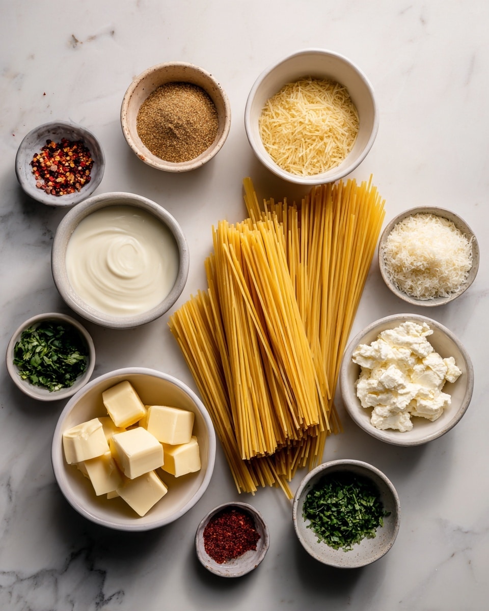 The image shows uncooked pasta standing upright in a white bowl on a white marbled surface, surrounded by small white bowls and dishes filled with different ingredients. There is a small bowl of brown spice, a bowl with a tan creamy sauce, a bowl of white salt, two small bowls with green chopped herbs, one with butter cubes, a bowl with light cream, and smaller containers holding pepper, red flakes, and light brown powder. Everything is neatly arranged with clear colors and textures. photo taken with an iphone --ar 4:5 --v 7